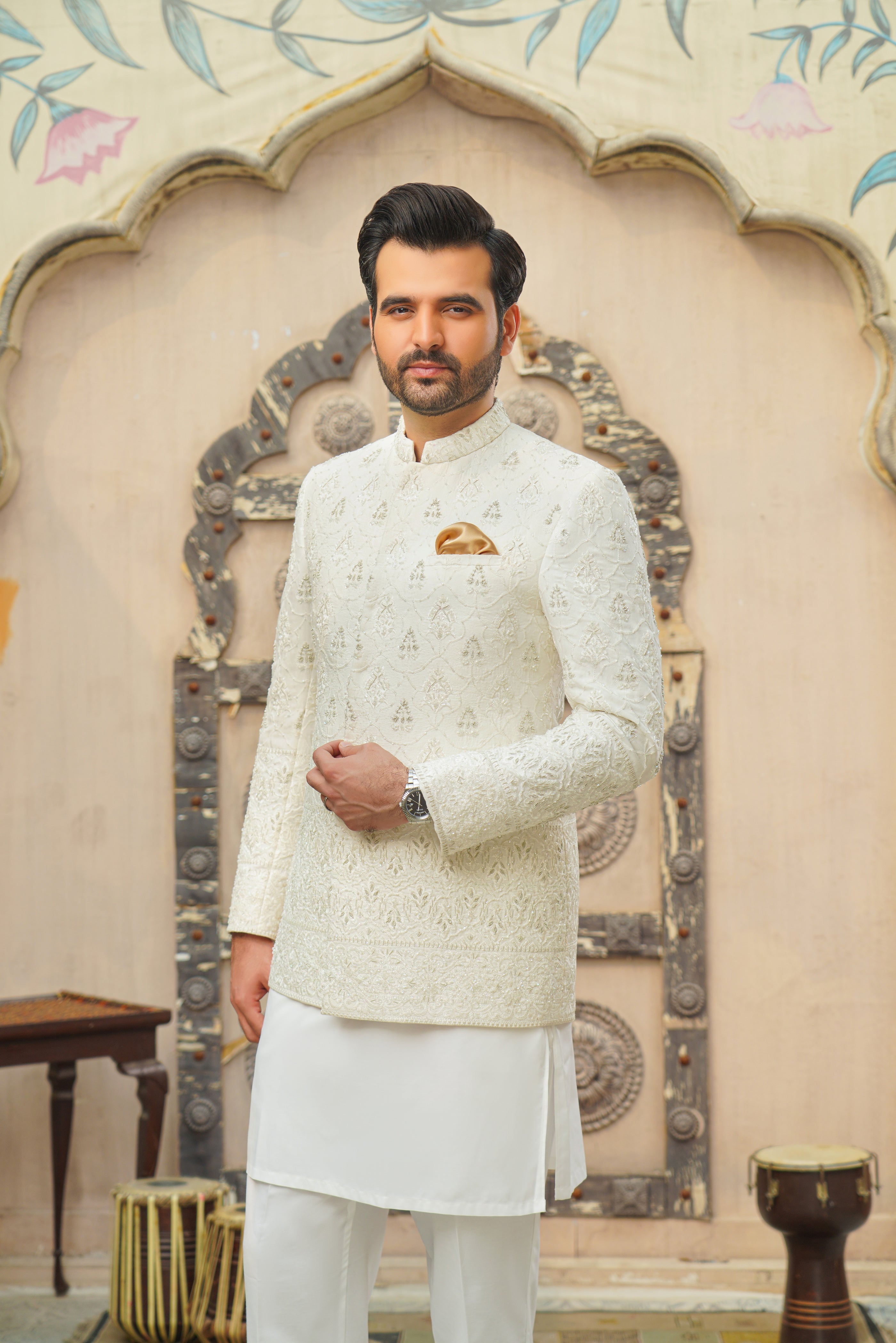 White Embroidered Cotton Silk Prince Coat (3-Piece) - Image 2