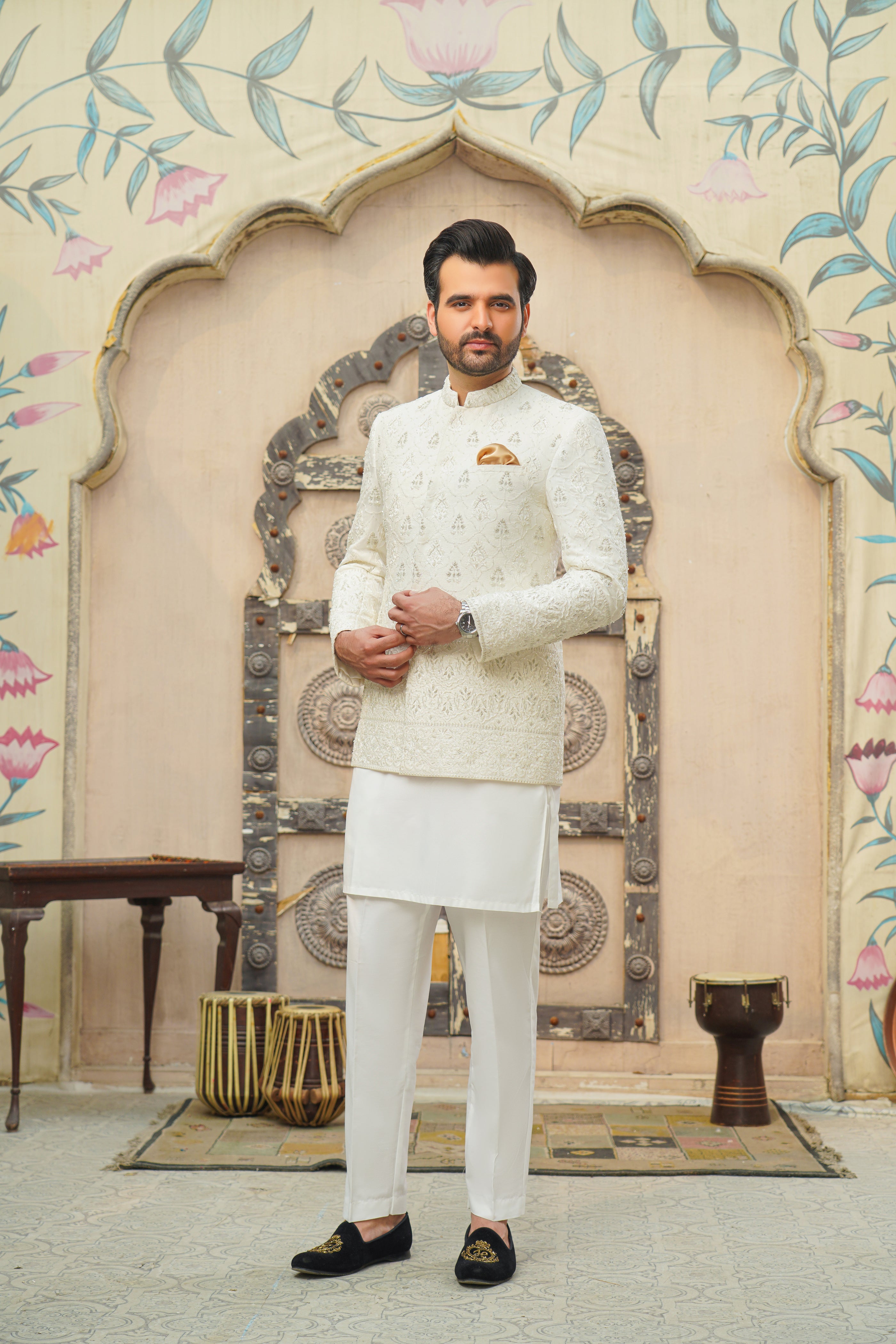 White Embroidered Cotton Silk Prince Coat (3-Piece) - Image 3