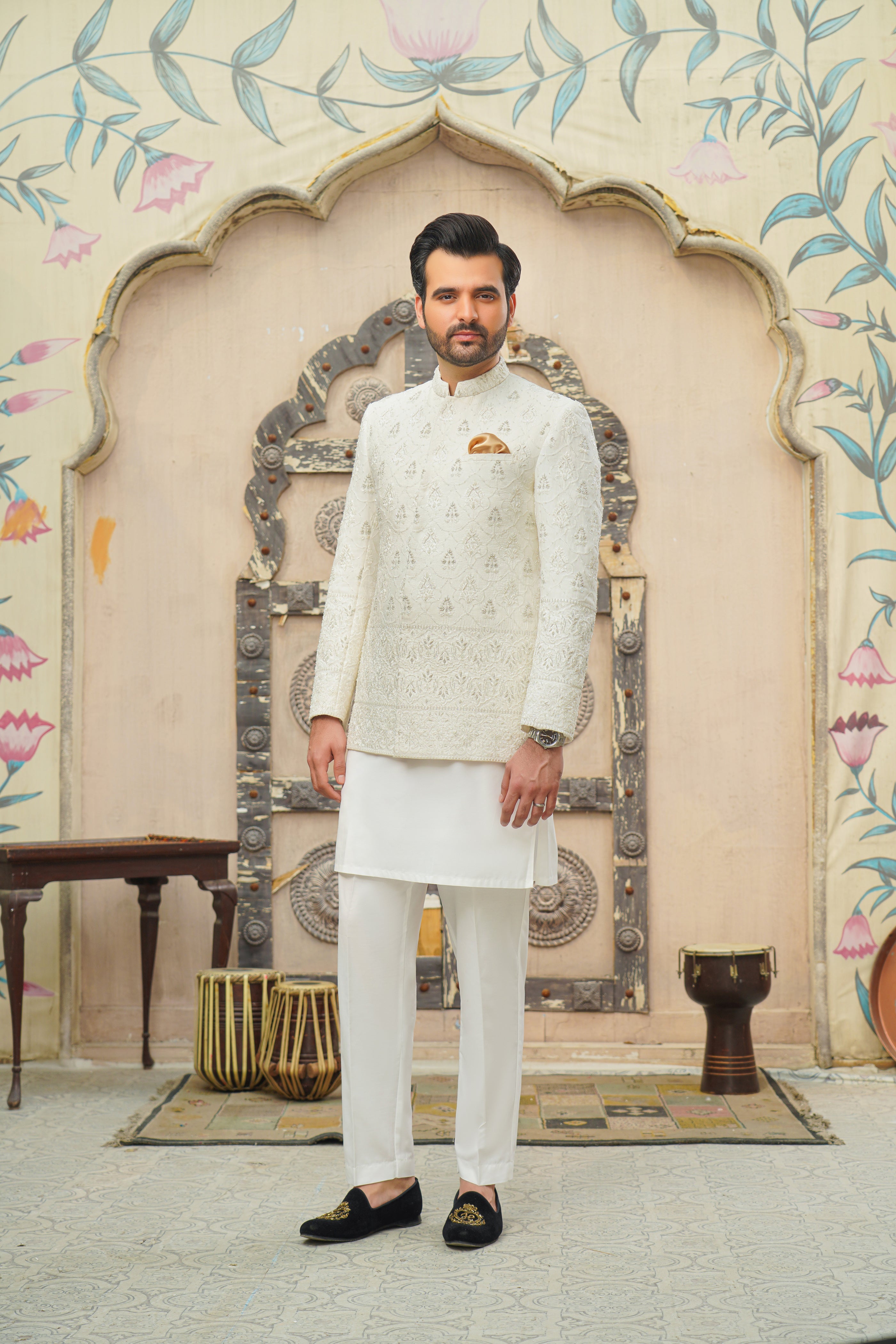 White Embroidered Cotton Silk Prince Coat (3-Piece) - Image 4