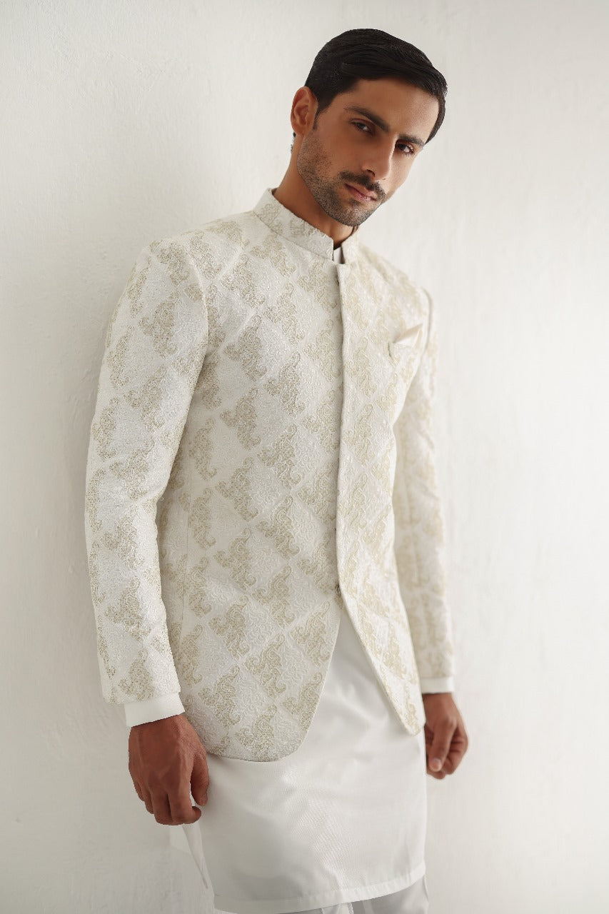 White Gold Embossed Cotton Silk Prince Coat (3-Piece) - Image 2