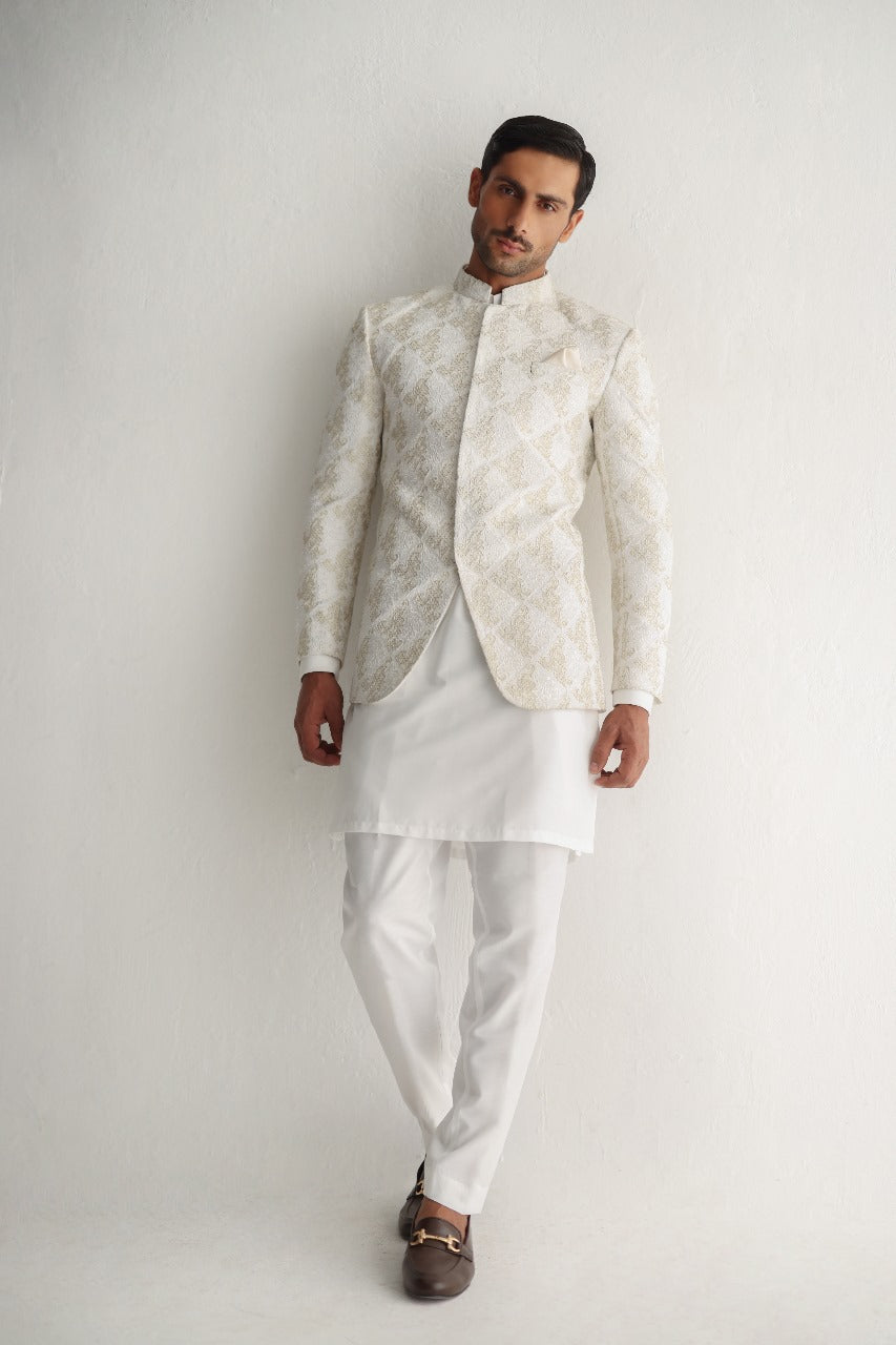 White Gold Embossed Cotton Silk Prince Coat (3-Piece) - Image 3