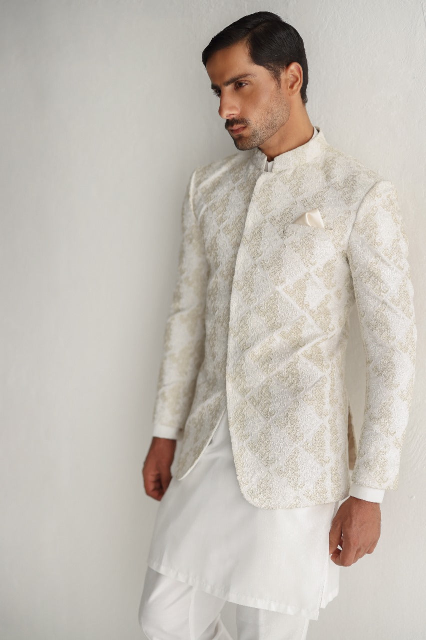 White Gold Embossed Cotton Silk Prince Coat (3-Piece) - Image 4