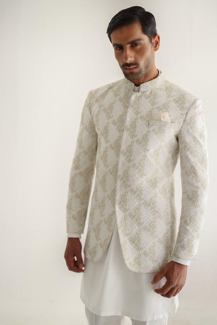 White Gold Embossed Cotton Silk Prince Coat (3-Piece) - Image 5