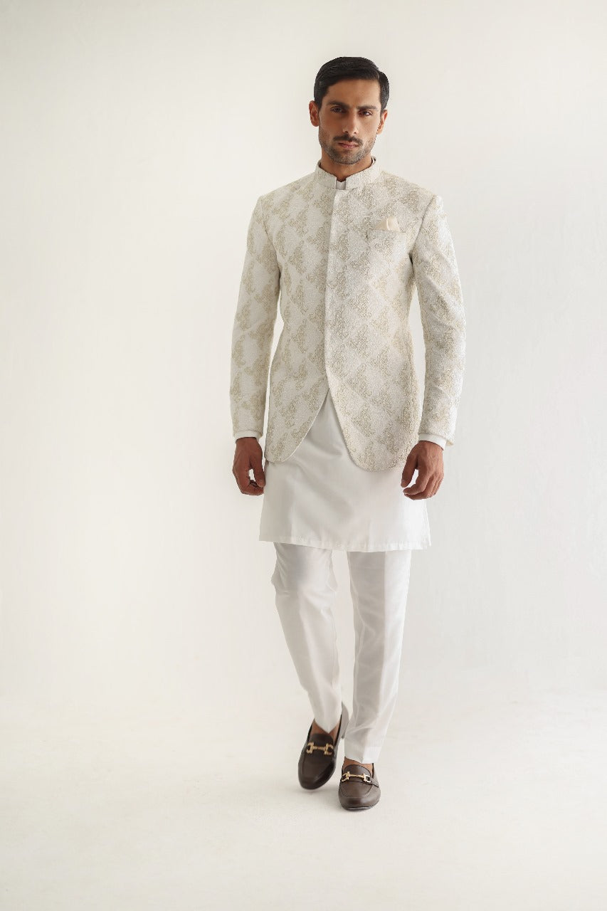 White Gold Embossed Cotton Silk Prince Coat (3-Piece) - Image 6