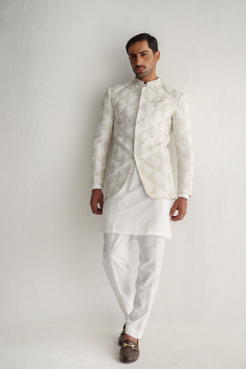 White Gold Embossed Cotton Silk Prince Coat (3-Piece) - Image 7