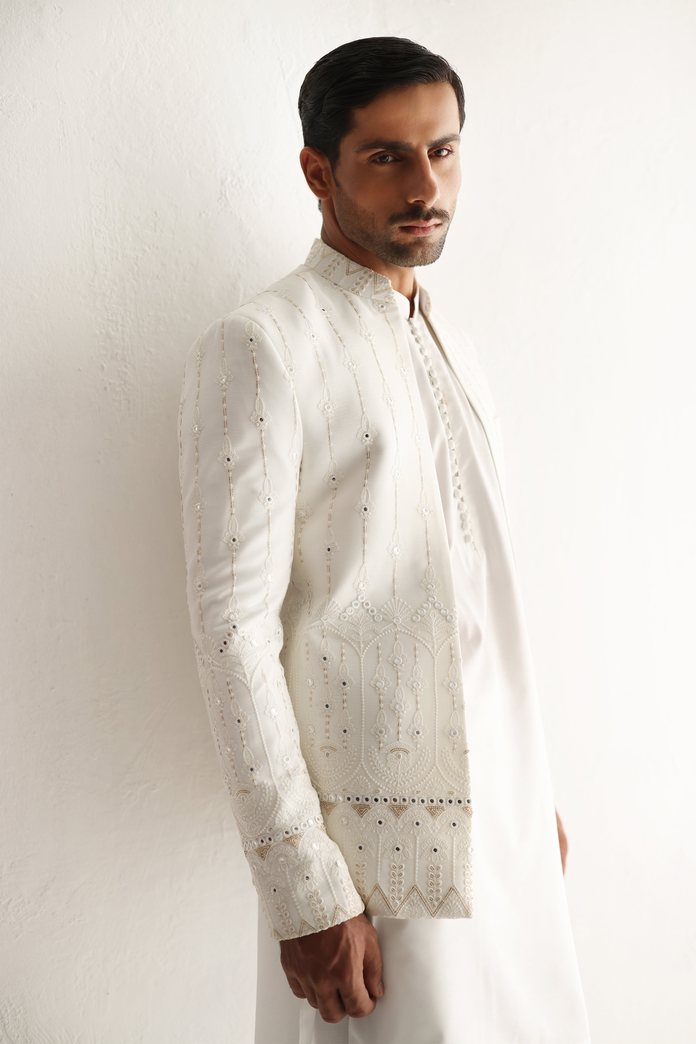 White Embossed Sequin Prince Coat (3-Piece) - Image 4