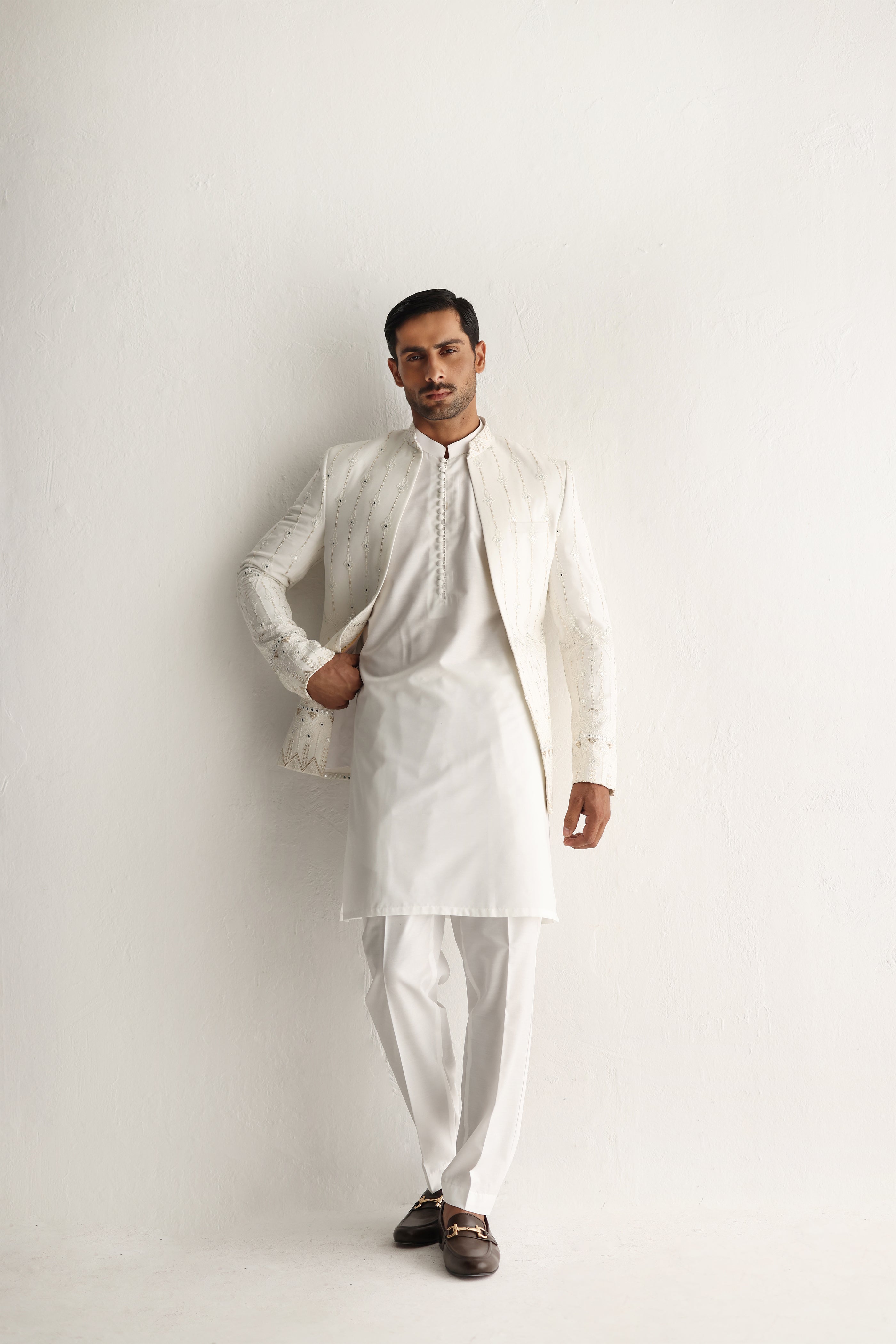 White Embossed Sequin Prince Coat (3-Piece) - Image 5