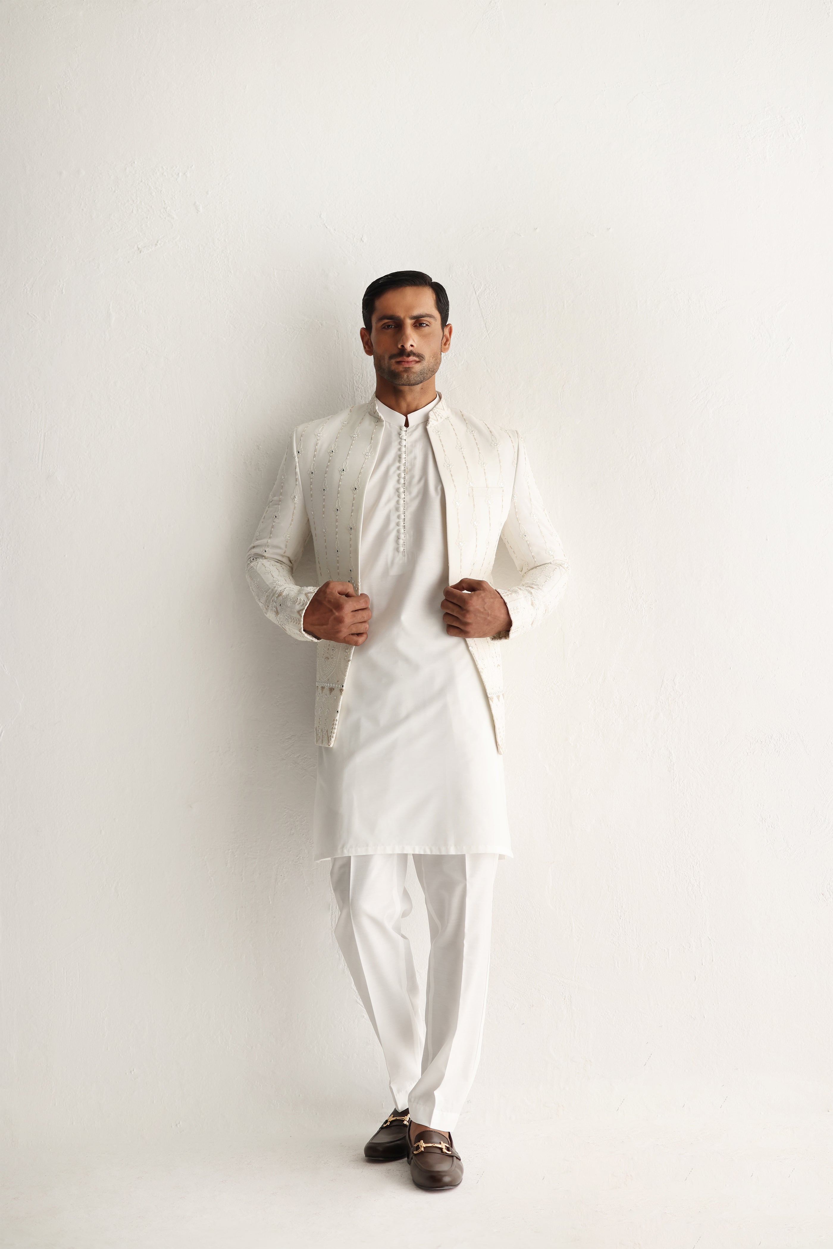 White Embossed Sequin Prince Coat (3-Piece) - Image 6