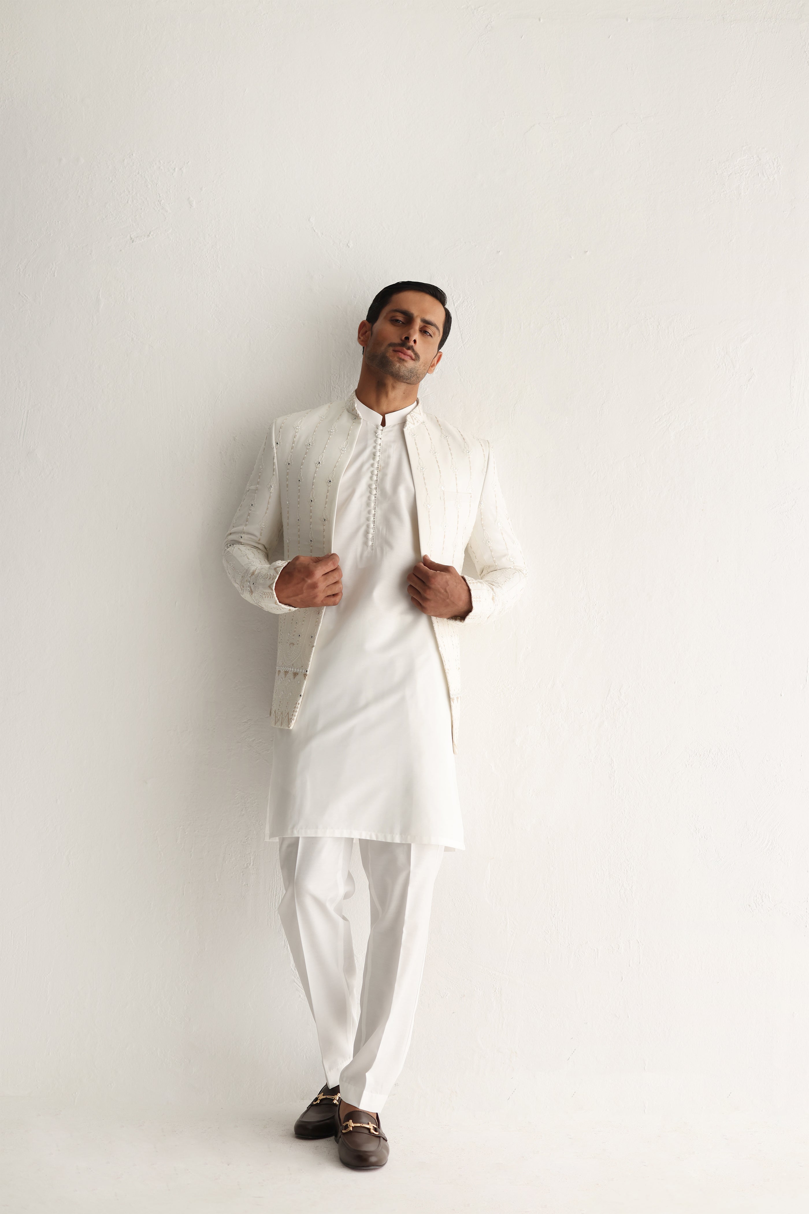 White Embossed Sequin Prince Coat (3-Piece) - Image 7