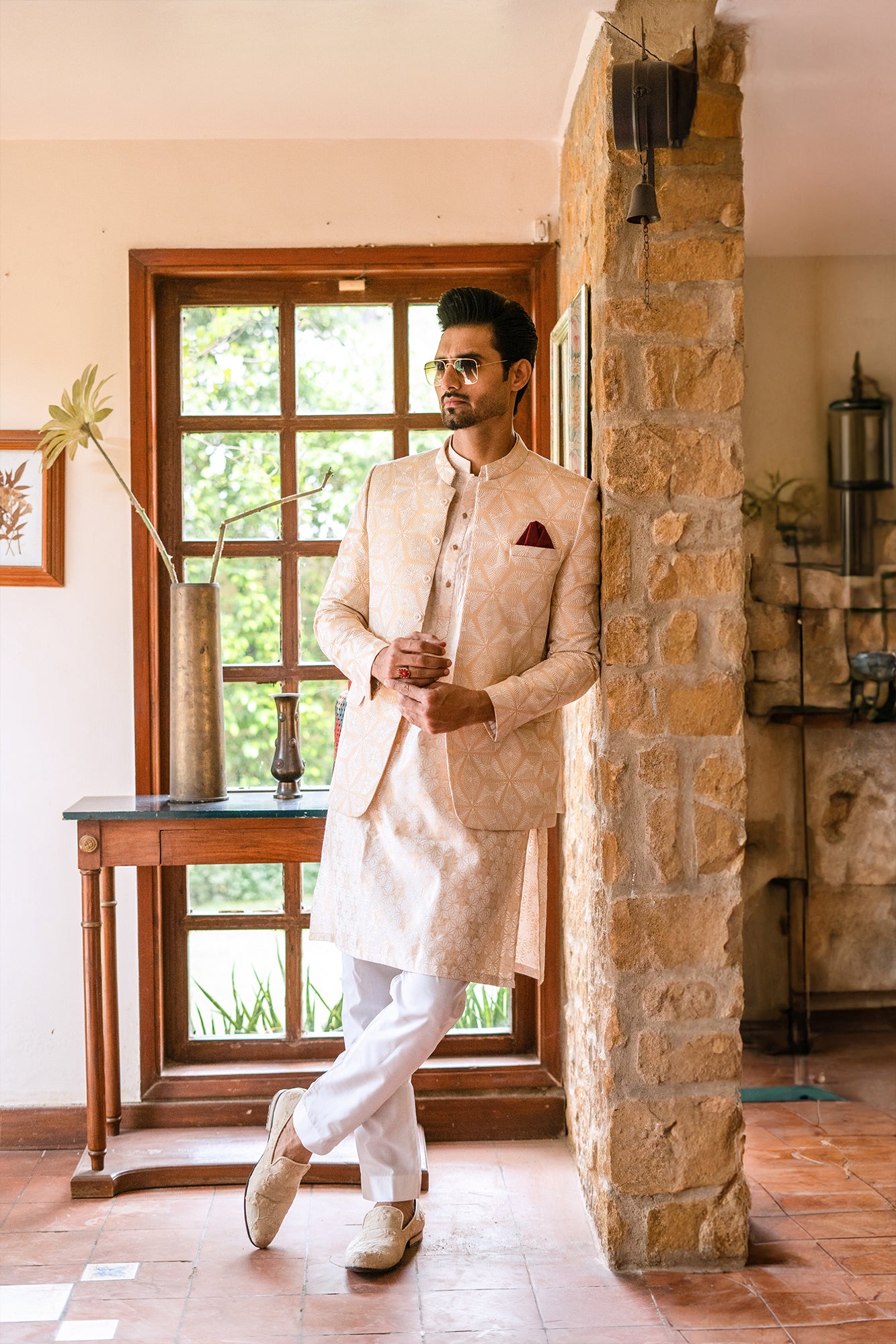 White Beige-Gold Embroidered Jacquard Prince Coat (1-Pc) - Image 1