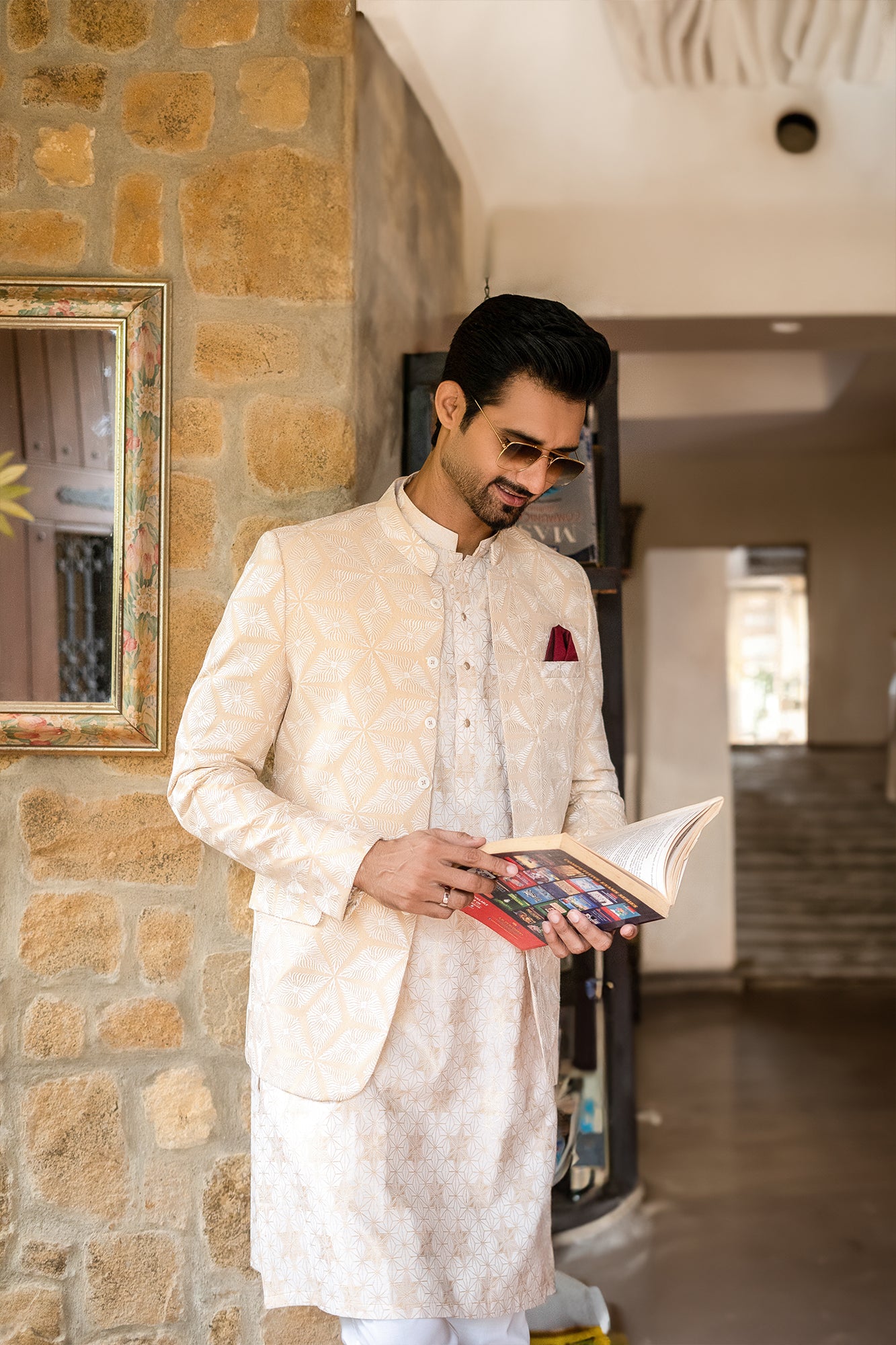 White Beige-Gold Embroidered Jacquard Prince Coat (1-Pc) - Image 2