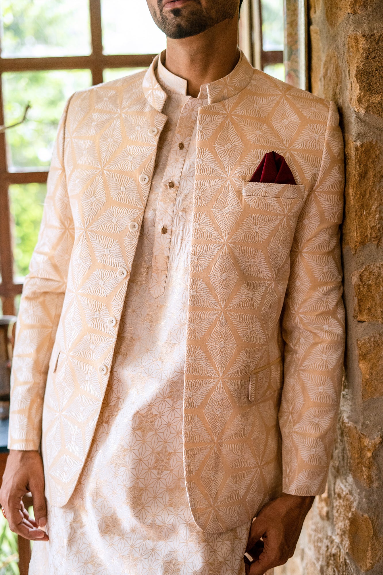 White Beige-Gold Embroidered Jacquard Prince Coat (1-Pc) - Image 3