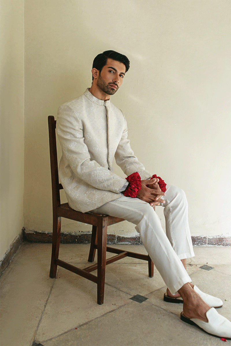 Pearl White Jacquard Prince Coat (2-Piece) - Image 2