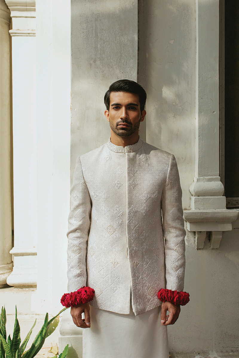 Pearl White Jacquard Prince Coat (3-Piece) - Image 1