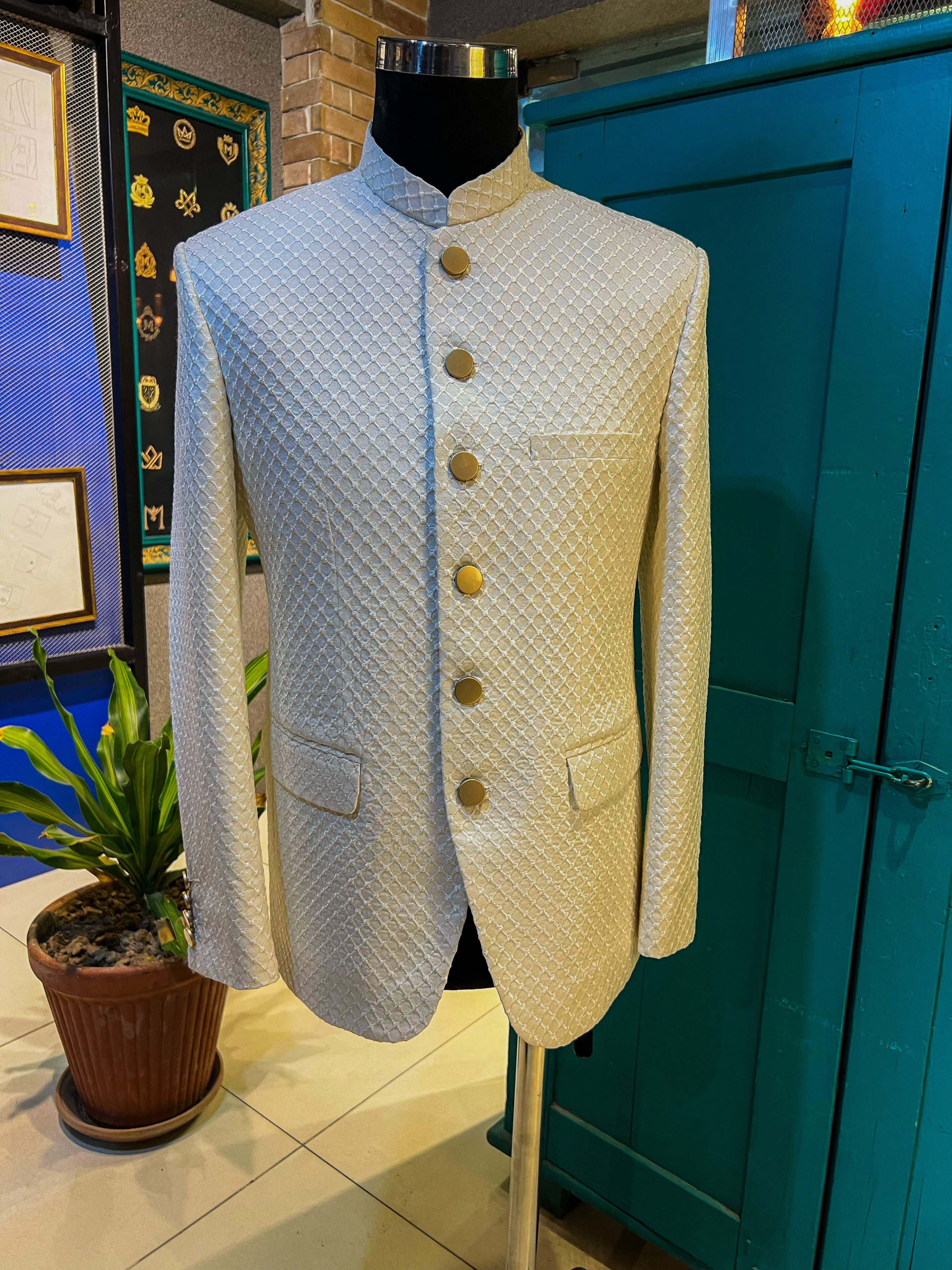 White Machine-Embroidered Jamawar Prince Coat (1-Pc) - Image 1