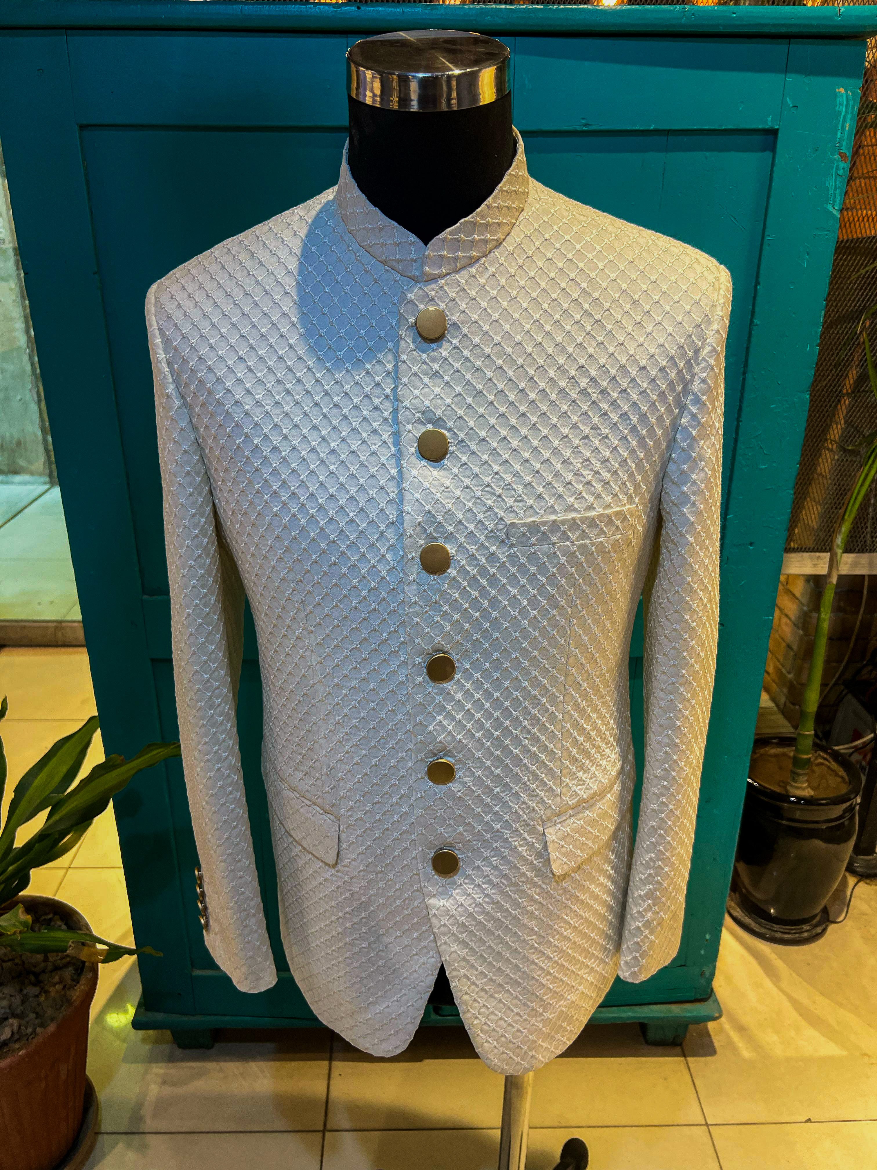 White Machine-Embroidered Jamawar Prince Coat (1-Pc) - Image 3