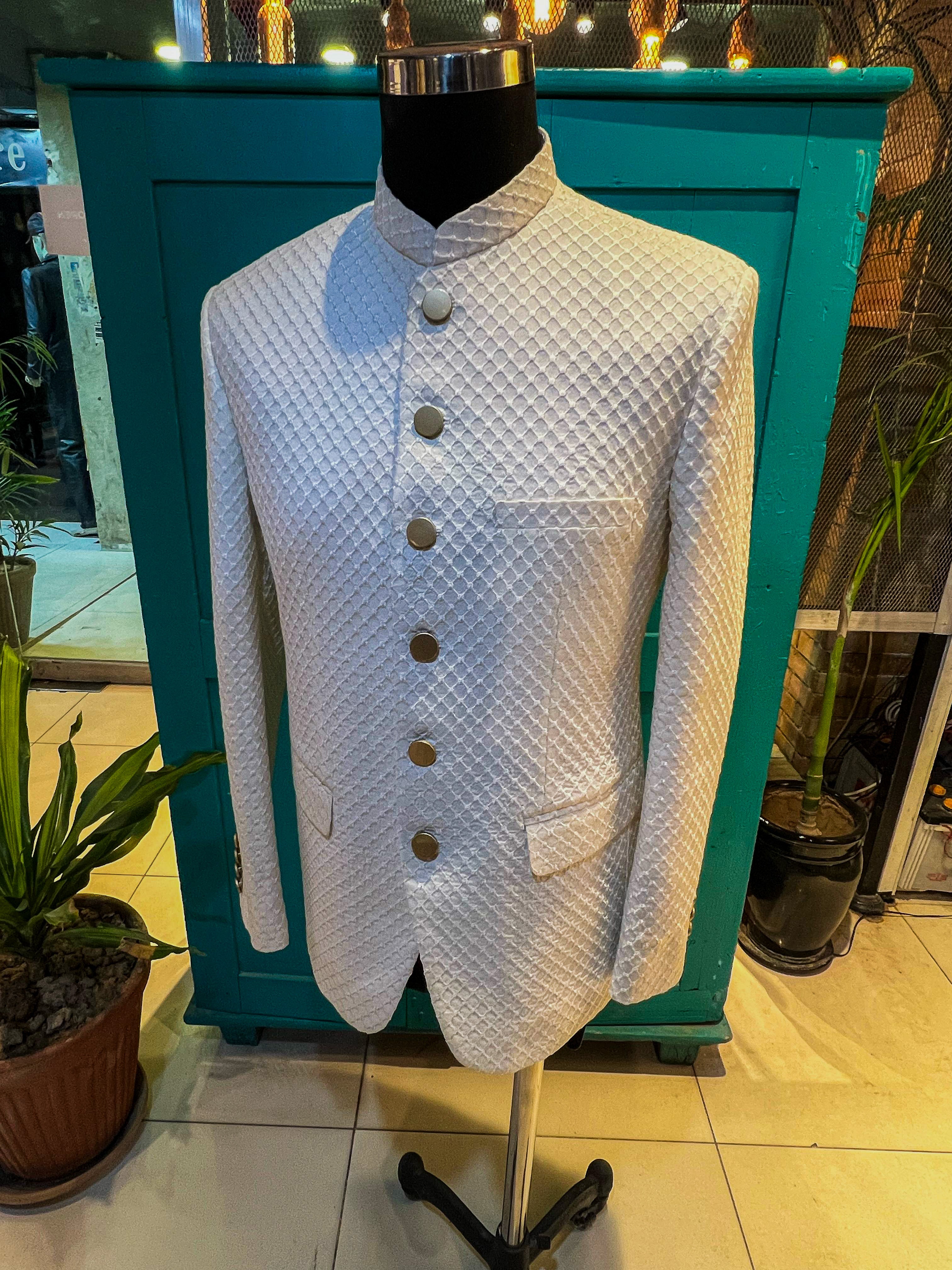 White Machine-Embroidered Jamawar Prince Coat (1-Pc) - Image 4