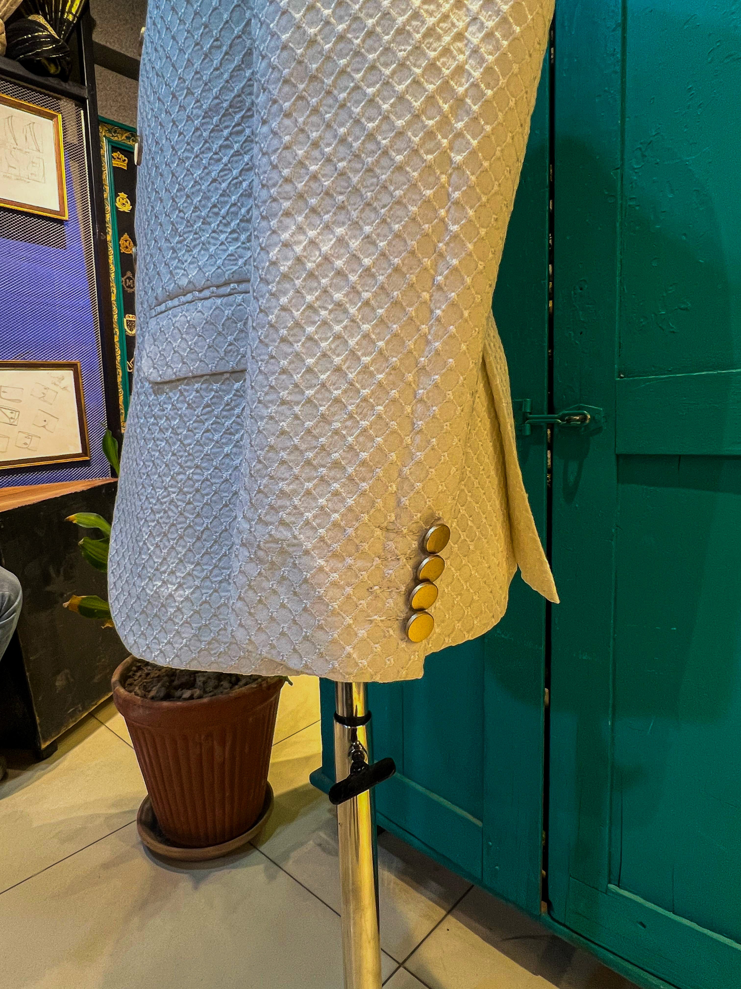 White Machine-Embroidered Jamawar Prince Coat (1-Pc) - Image 5