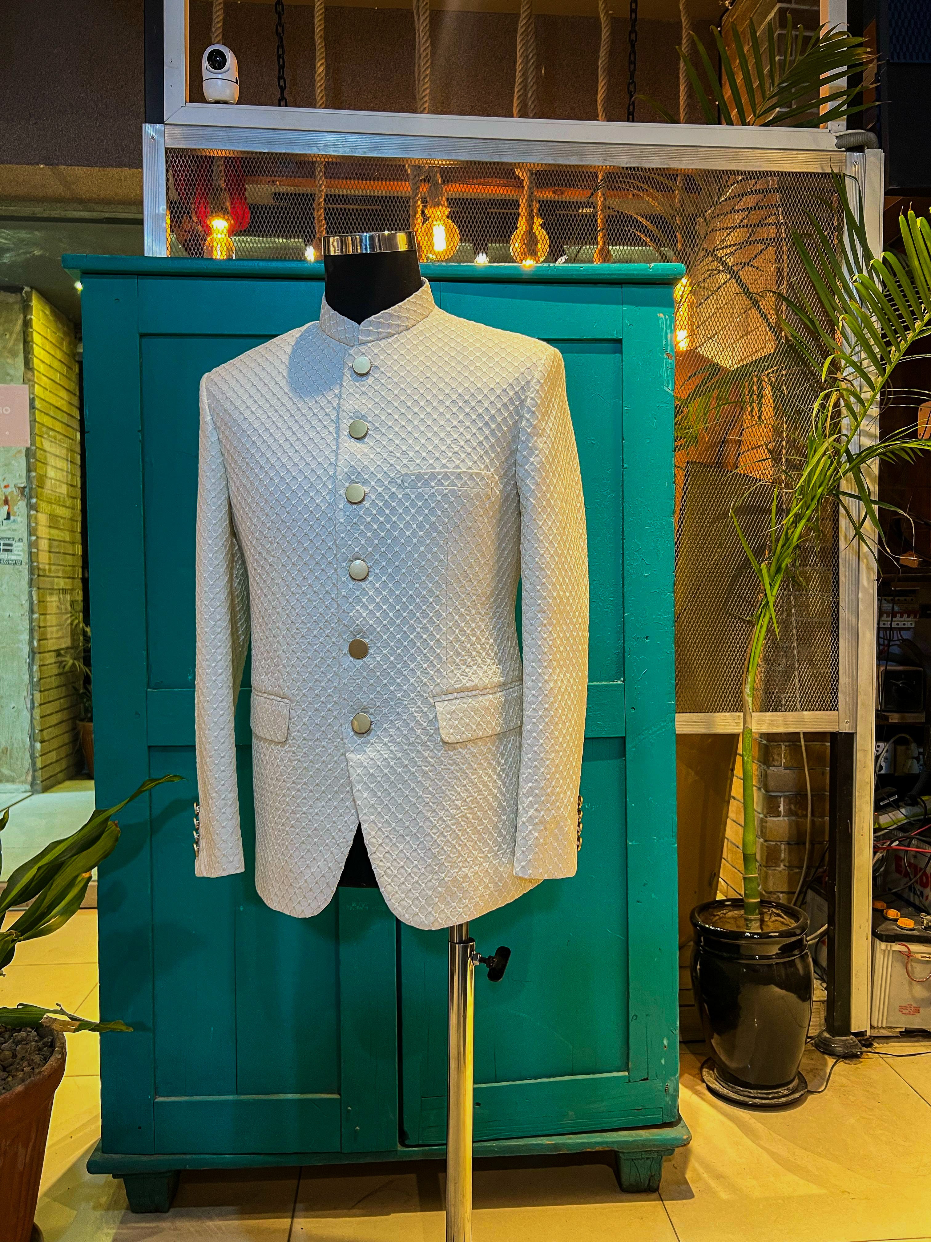 White Machine-Embroidered Jamawar Prince Coat (1-Pc) - Image 8