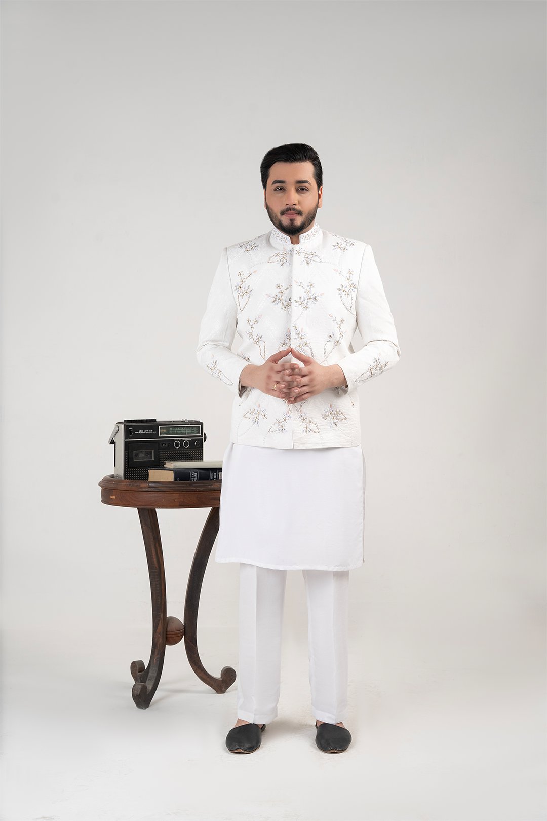 White Embroidered Jamawar Prince Coat (2-Piece) - Image 1