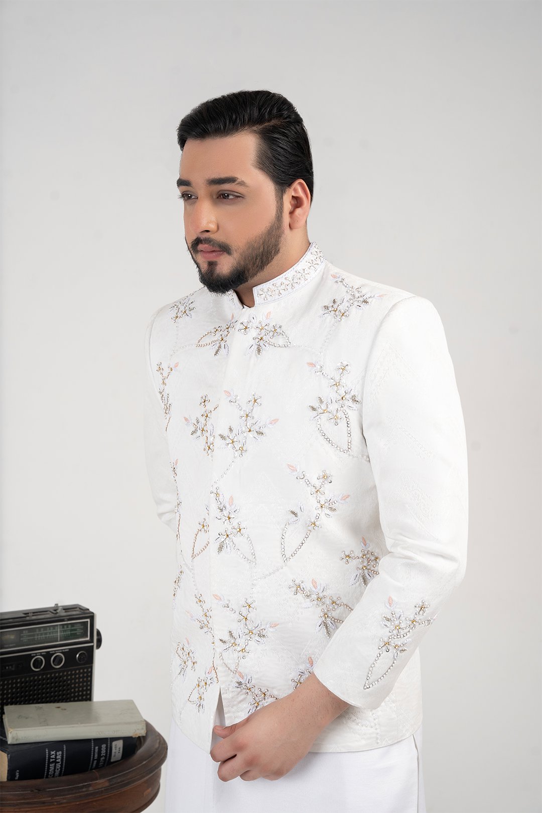 White Embroidered Jamawar Prince Coat (2-Piece) - Image 2