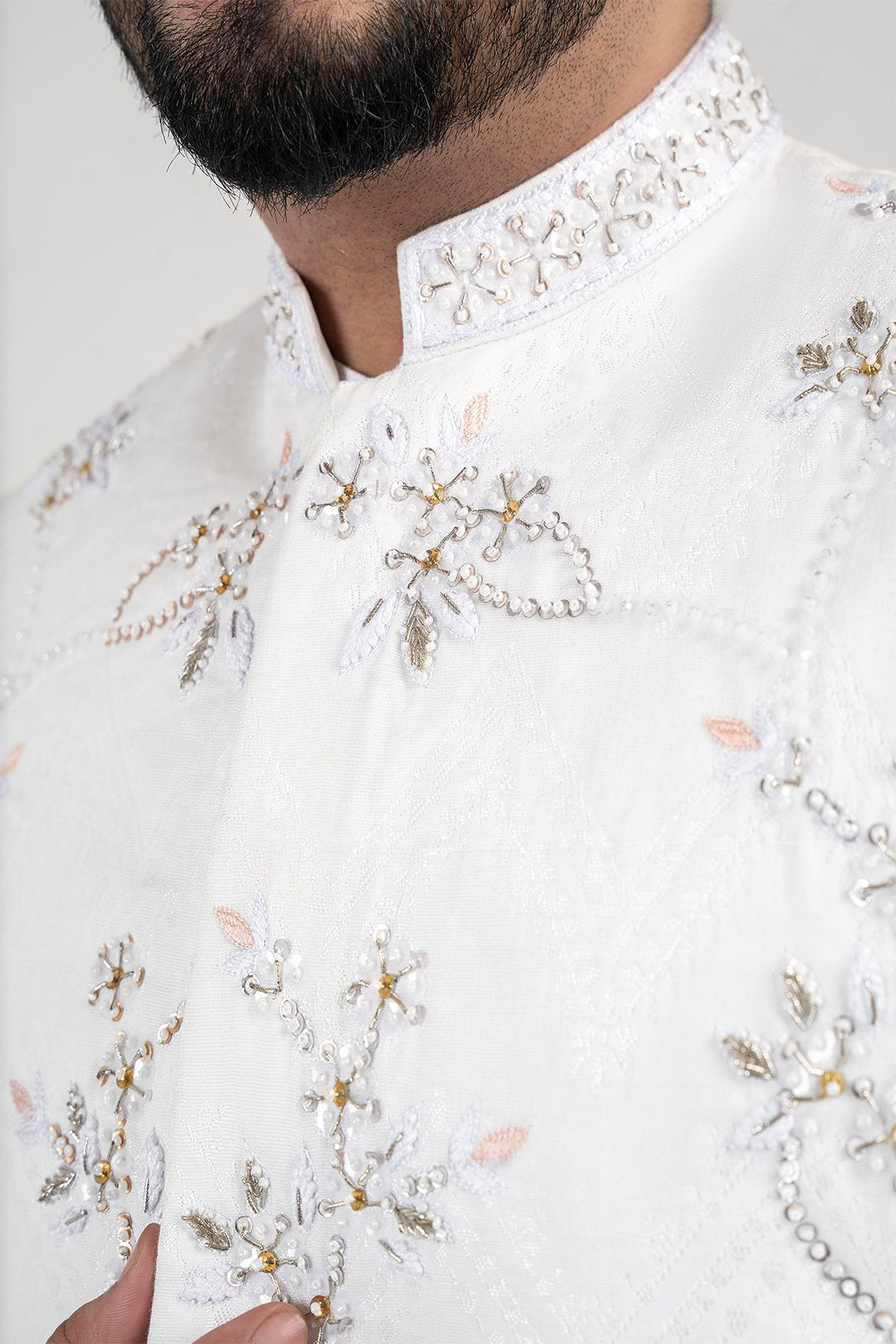 White Embroidered Jamawar Prince Coat (2-Piece) - Image 3