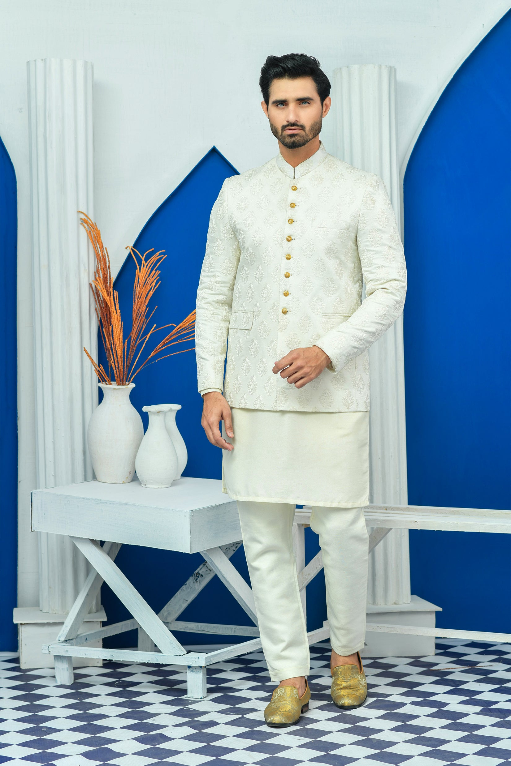 White Resham Boti Jamawar Prince Coat (1-Pc) - Image 2