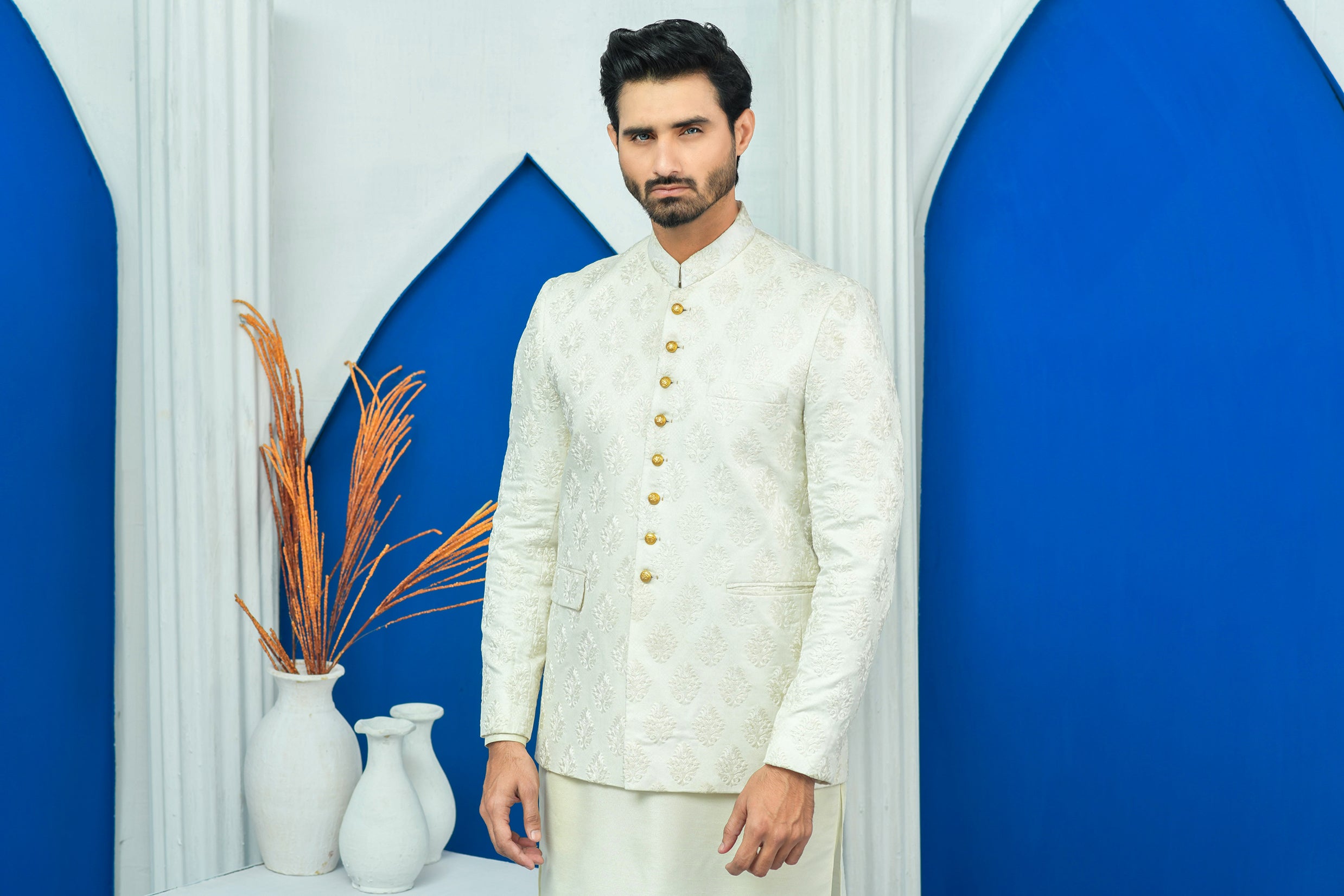 White Resham Boti Jamawar Prince Coat (1-Pc) - Image 3
