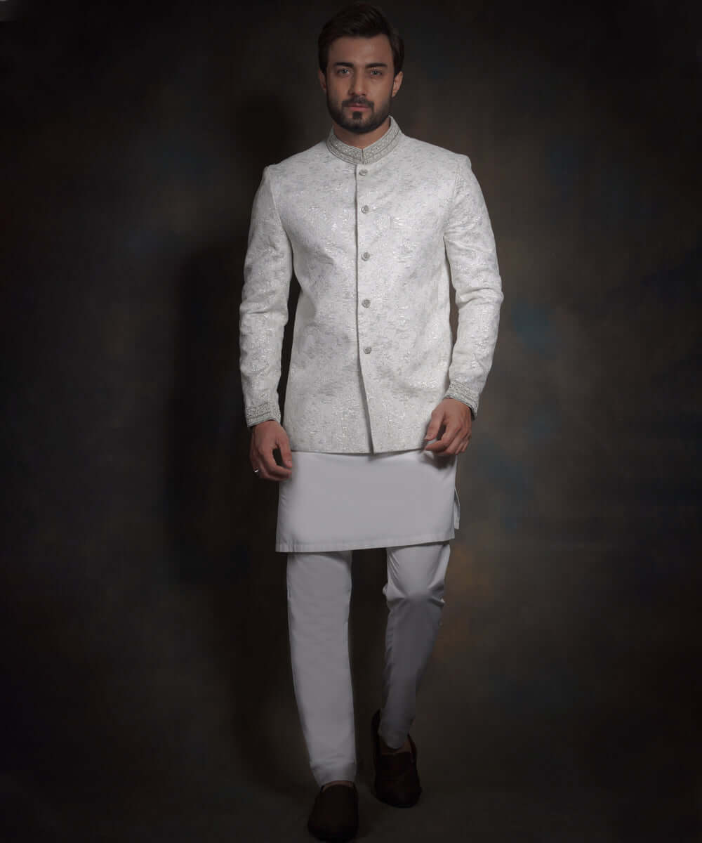 Pearl White Zardozi Lurex Prince Jacket (3-Piece) - Image 1