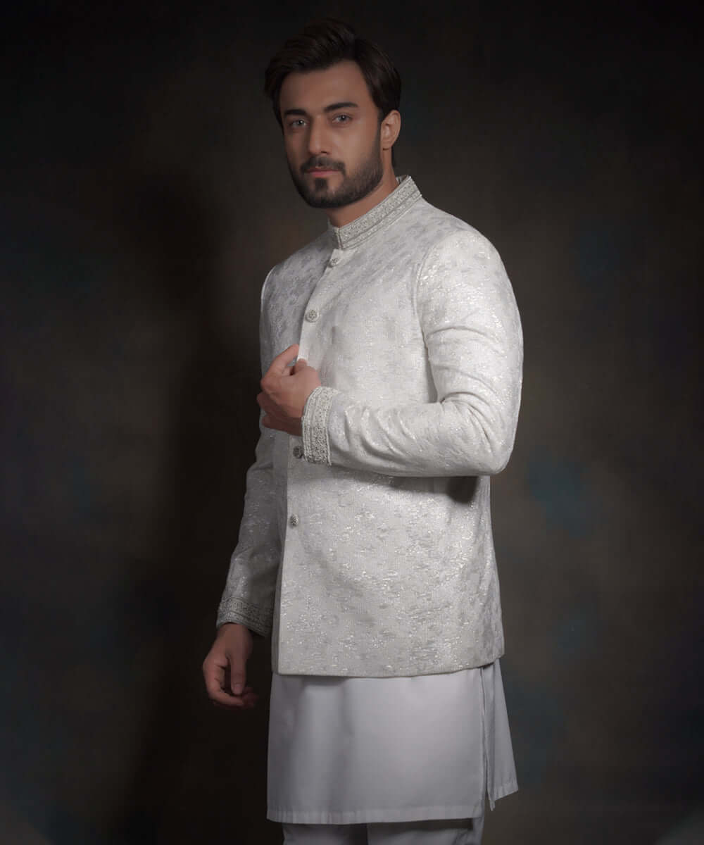 Pearl White Zardozi Lurex Prince Jacket (3-Piece) - Image 2
