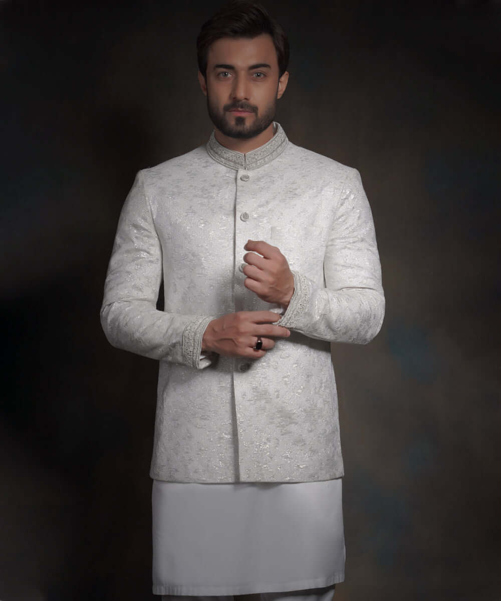 Pearl White Zardozi Lurex Prince Jacket (3-Piece) - Image 3