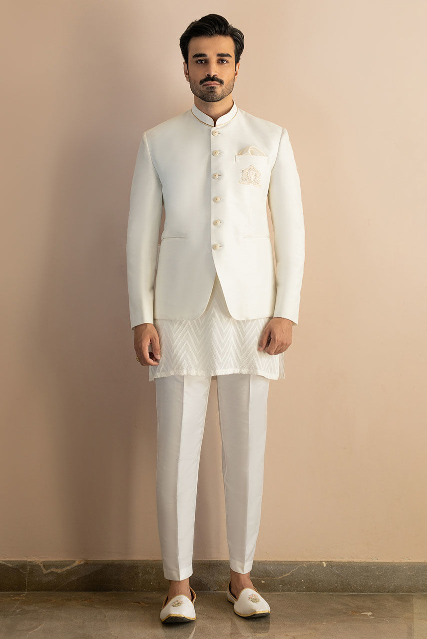 White Embroidered Raw Silk Prince Coat (3-Piece) - Image 1