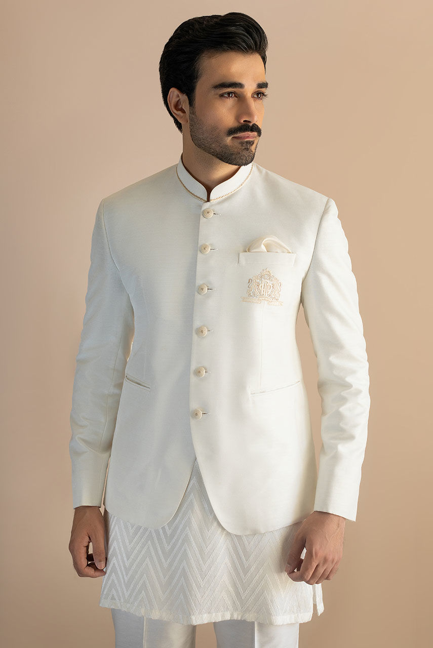 White Embroidered Raw Silk Prince Coat (3-Piece) - Image 2