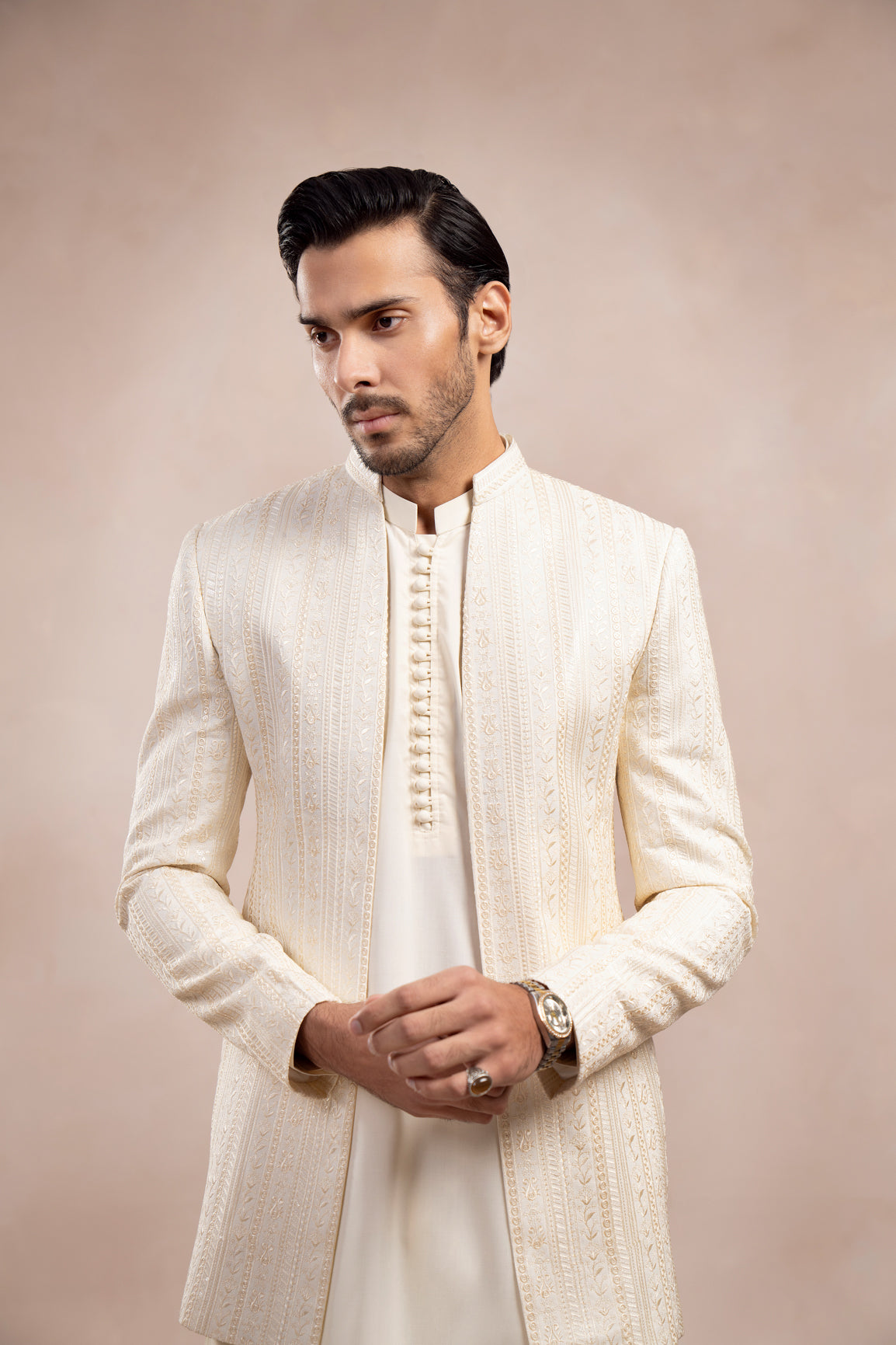 Bosky White Embroidered Raw Silk Prince Coat (1-Pc) - Image 2