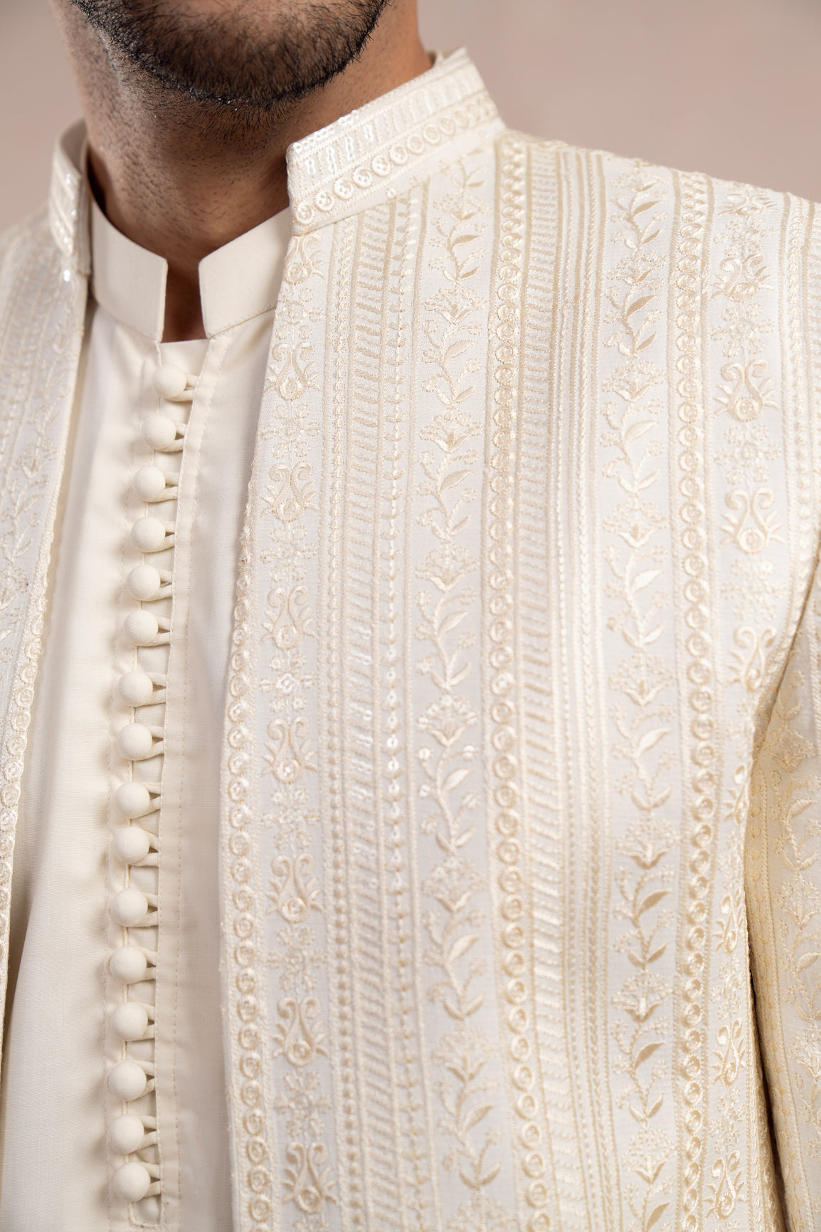 Bosky White Embroidered Raw Silk Prince Coat (1-Pc) - Image 3