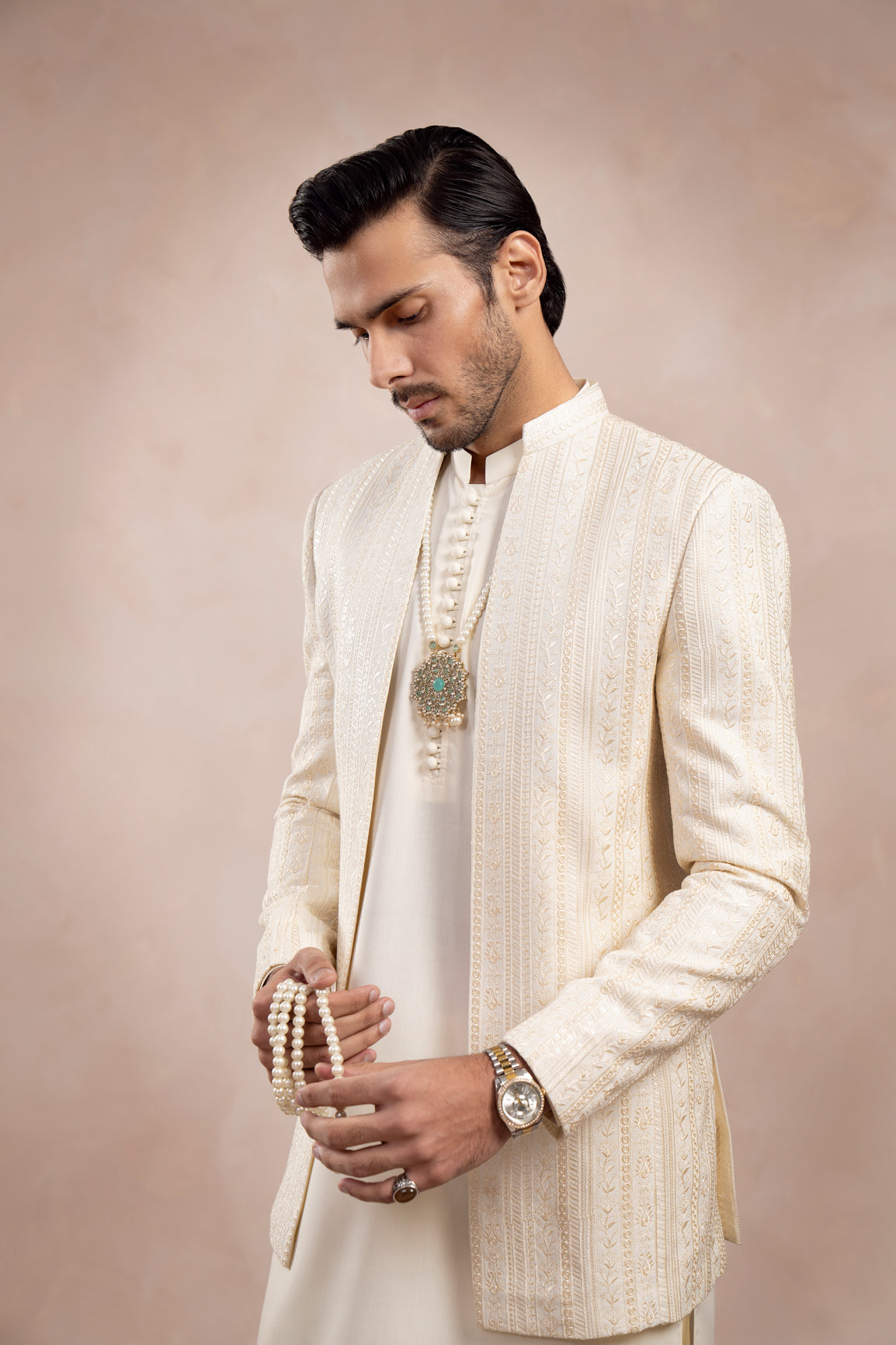 Bosky White Embroidered Raw Silk Prince Coat (1-Pc) - Image 5