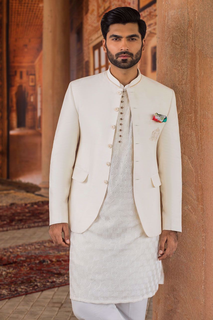 White Embroidered Raw Silk Prince Coat (3-Piece) - Image 1