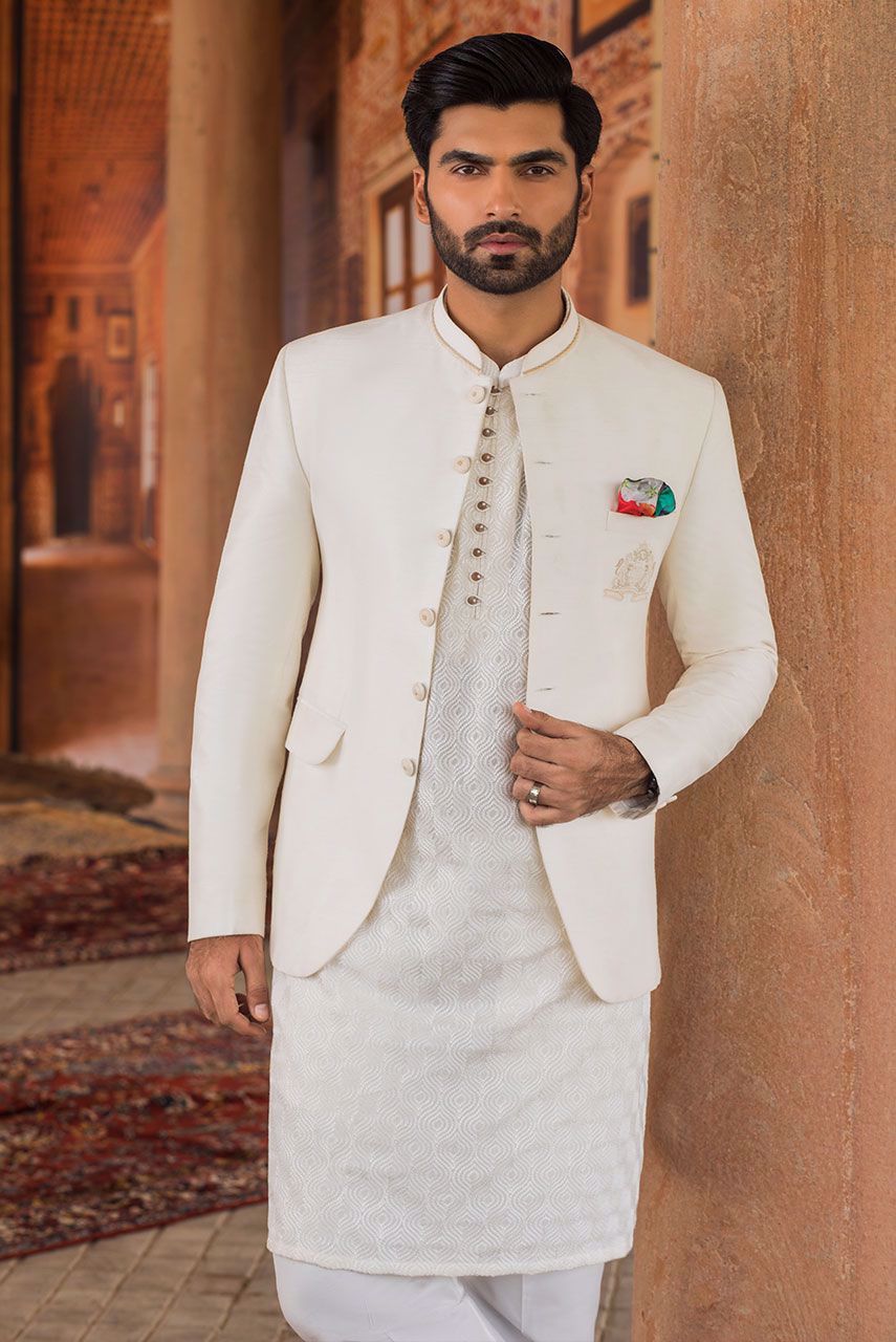 White Embroidered Raw Silk Prince Coat (3-Piece) - Image 3