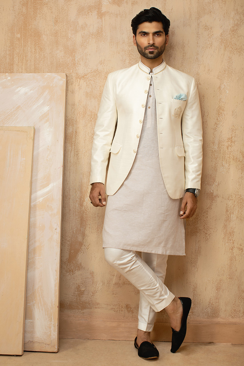 White Embroidered Raw Silk Prince Coat (1-Pc) - Image 1