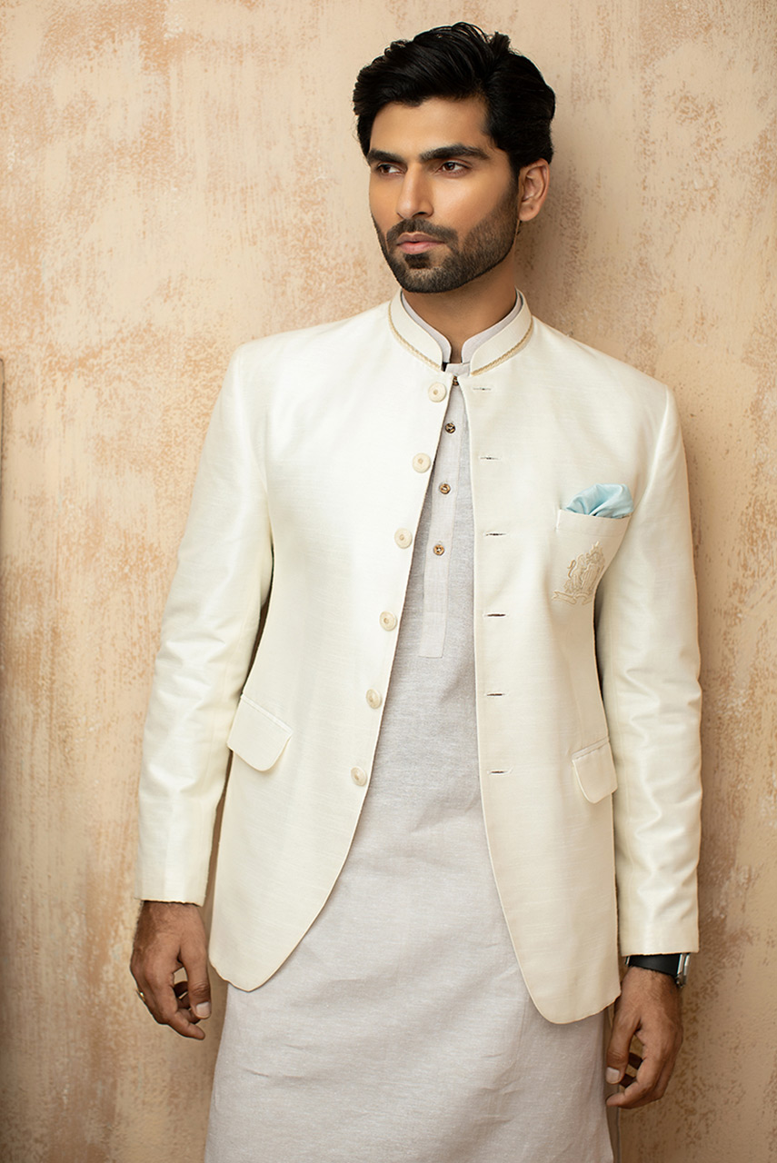 White Embroidered Raw Silk Prince Coat (1-Pc) - Image 2