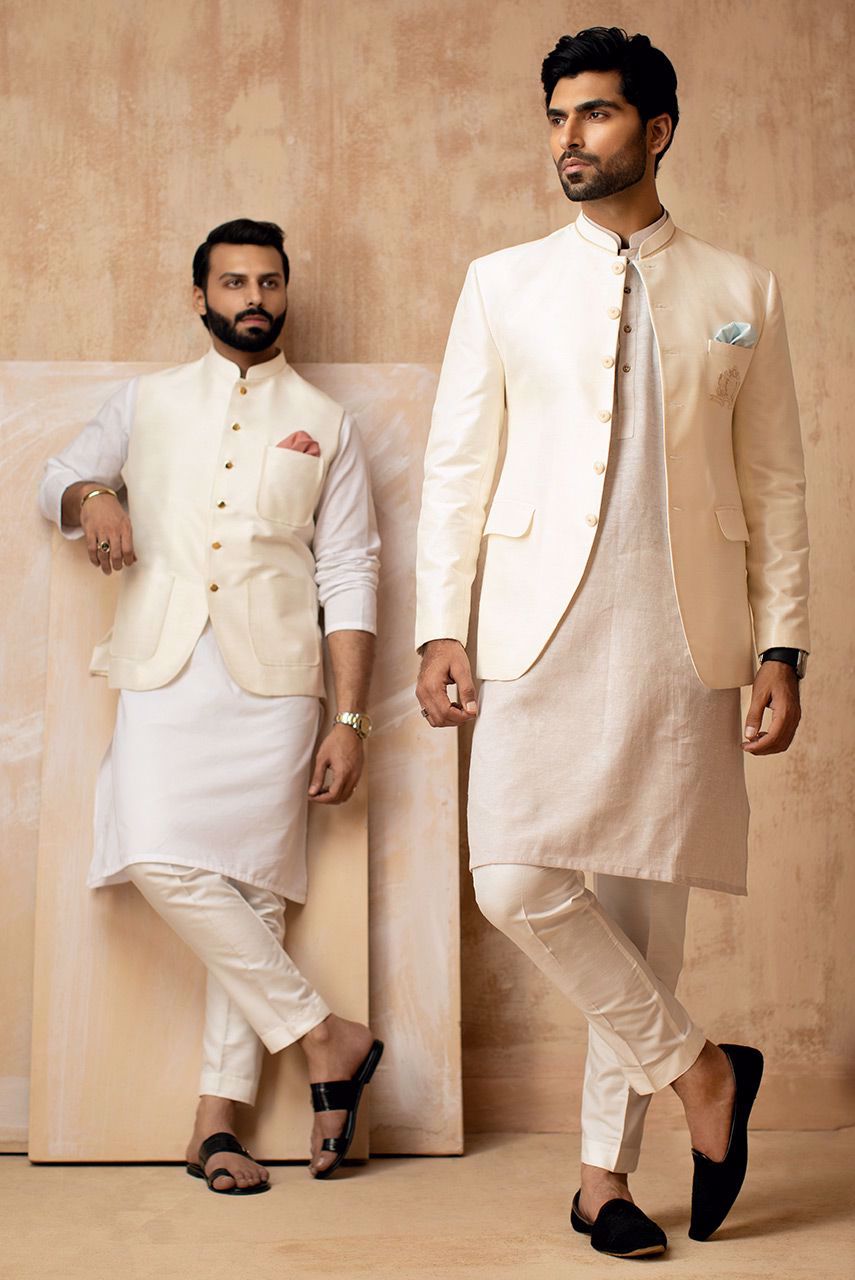 White Embroidered Raw Silk Prince Coat (1-Pc) - Image 3