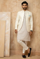 White Embroidered Raw Silk Prince Coat (1-Pc) - Image 4