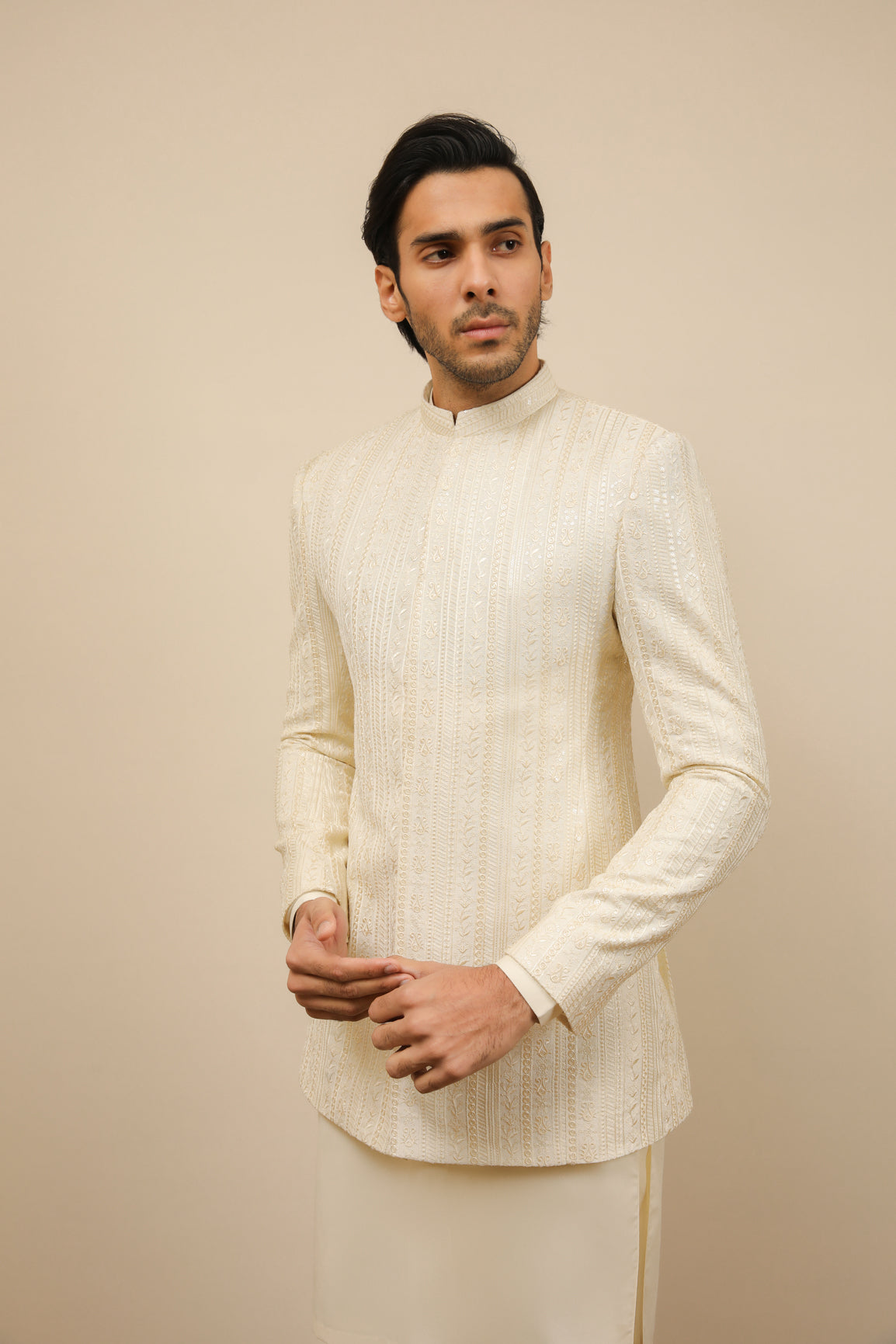 Bosky White Embroidered Raw Silk Prince Coat (3-Piece) - Image 1