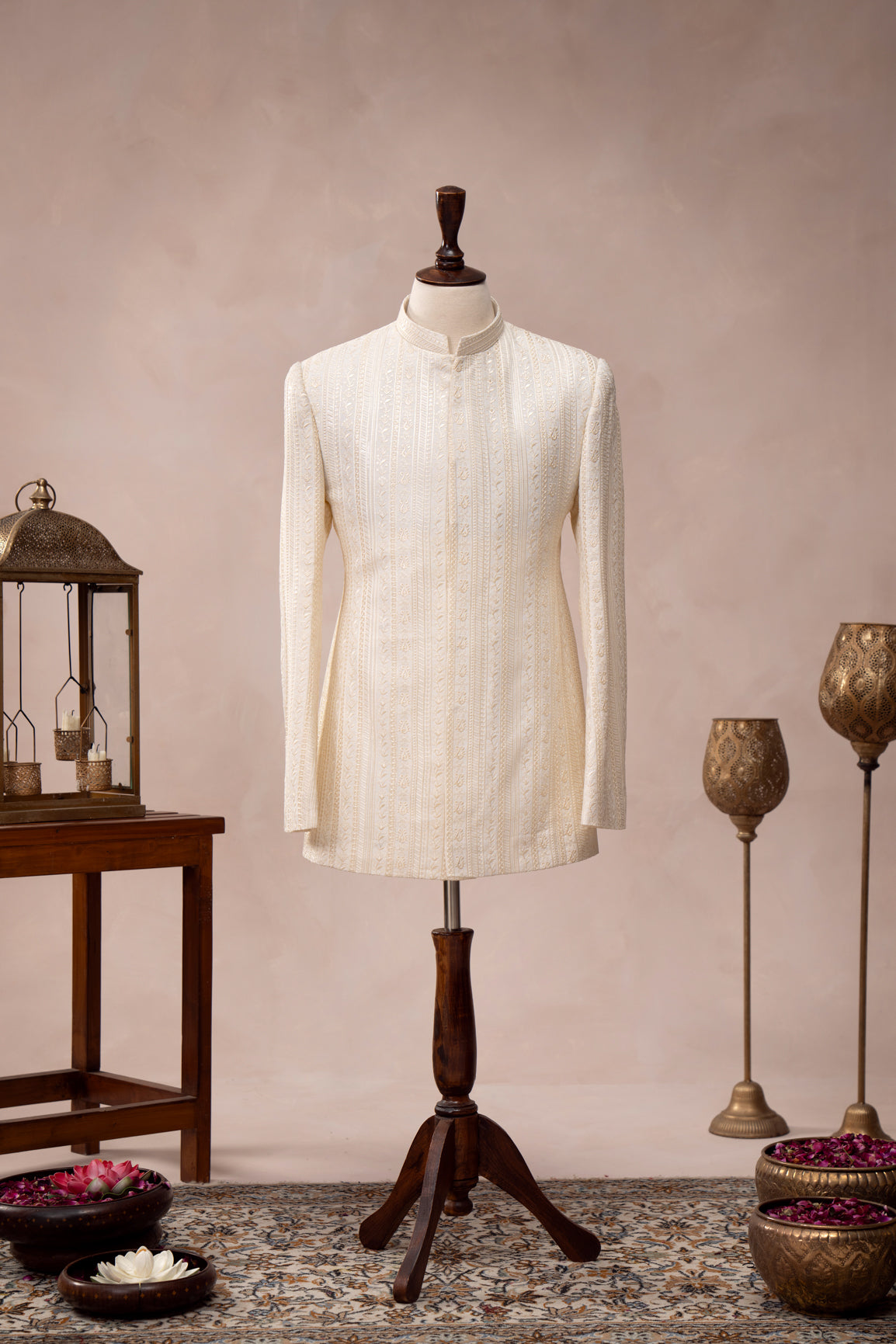 Bosky White Embroidered Raw Silk Prince Coat (3-Piece) - Image 2