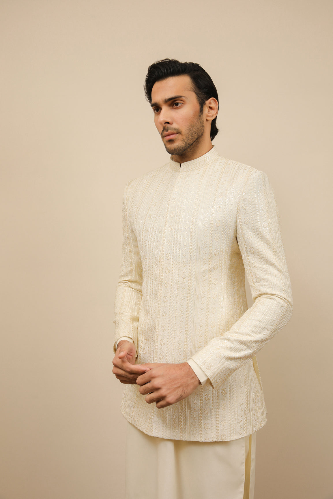 Bosky White Embroidered Raw Silk Prince Coat (3-Piece) - Image 6