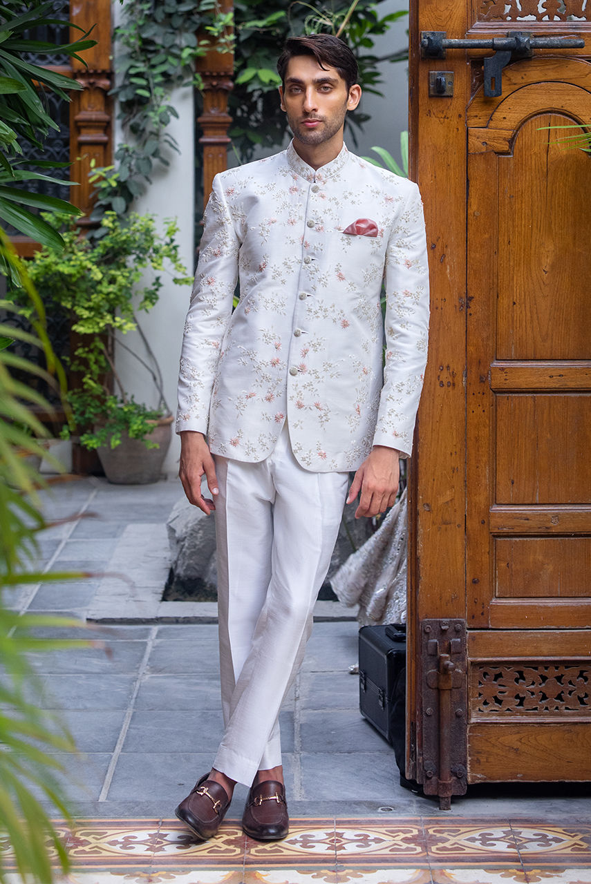 White Resham Embroidered Raw Silk Prince Coat (2-Piece) - Image 3