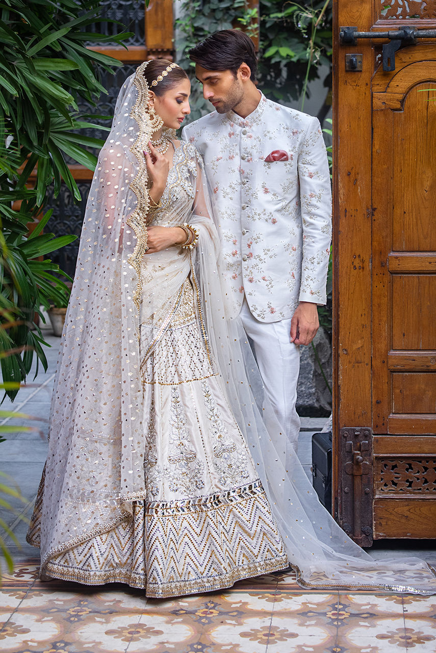 White Resham Embroidered Raw Silk Prince Coat (2-Piece) - Image 4