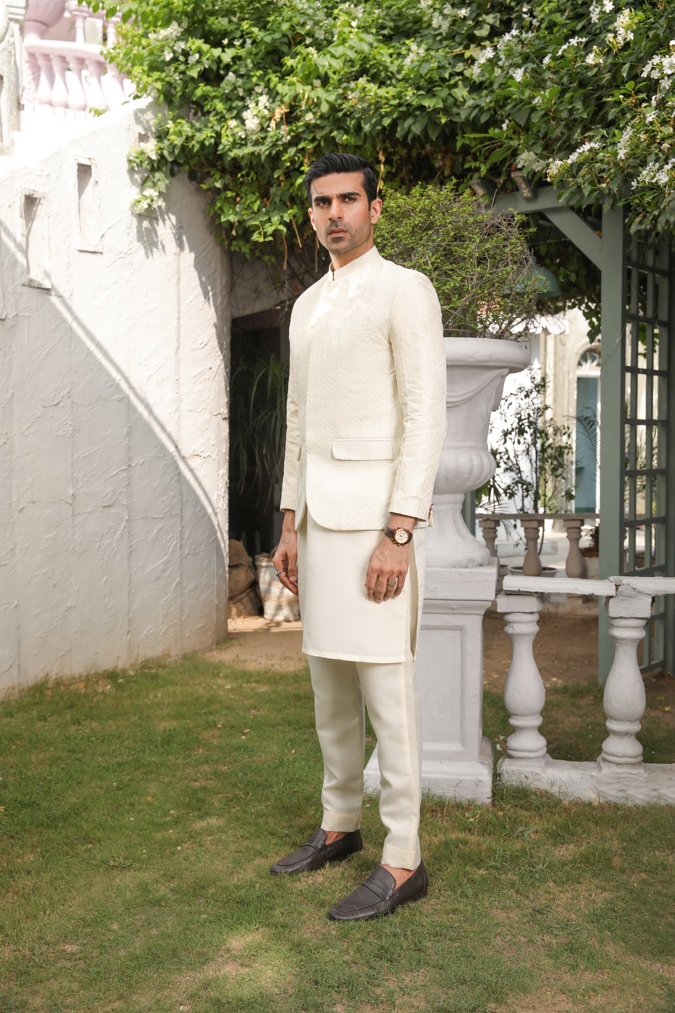 Bosky White Embroidered Raw Silk Prince Coat (3-Piece) - Image 2