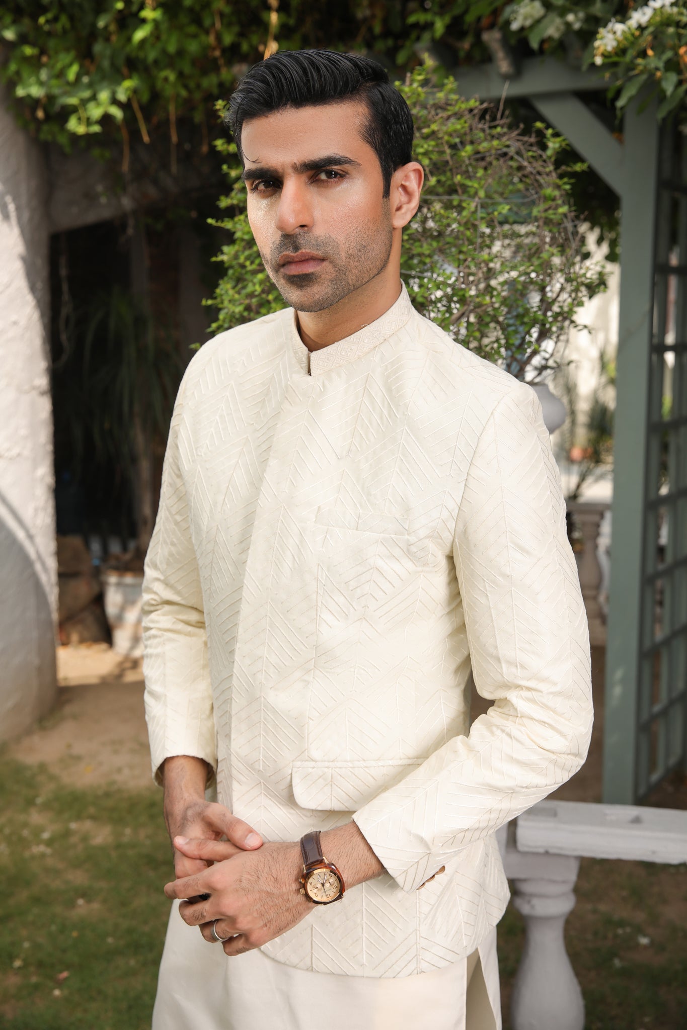 Bosky White Embroidered Raw Silk Prince Coat (3-Piece) - Image 3
