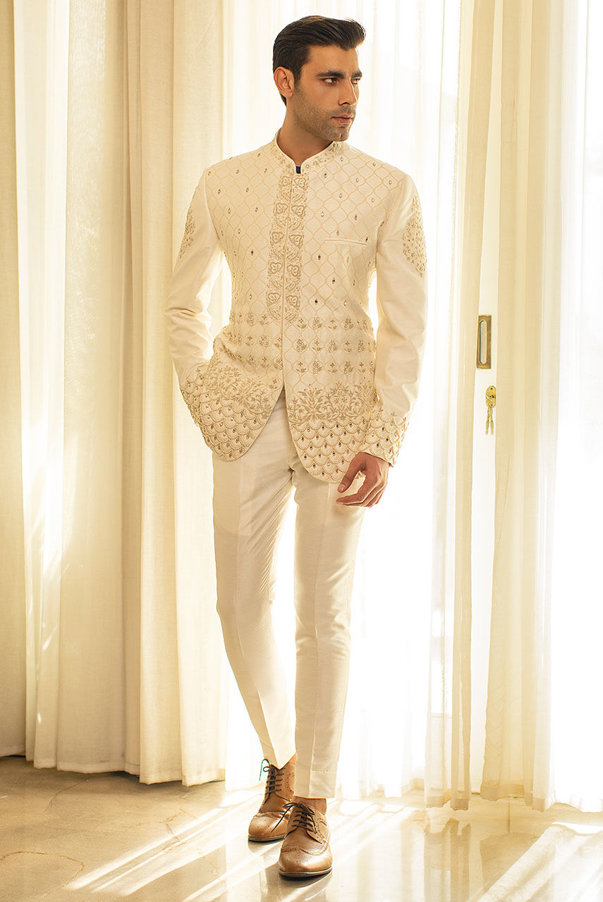White Hand Embroidered Raw Silk Prince Coat (2-Piece) - Image 1